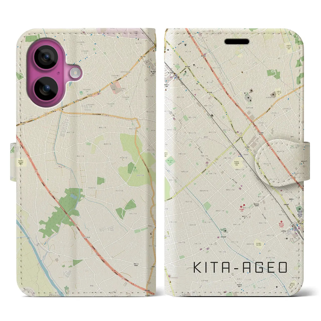 【北上尾(埼玉県)】地図柄iPhoneケース(手帳タイプ)ナチュラル・iPhone 16 Pro 用
