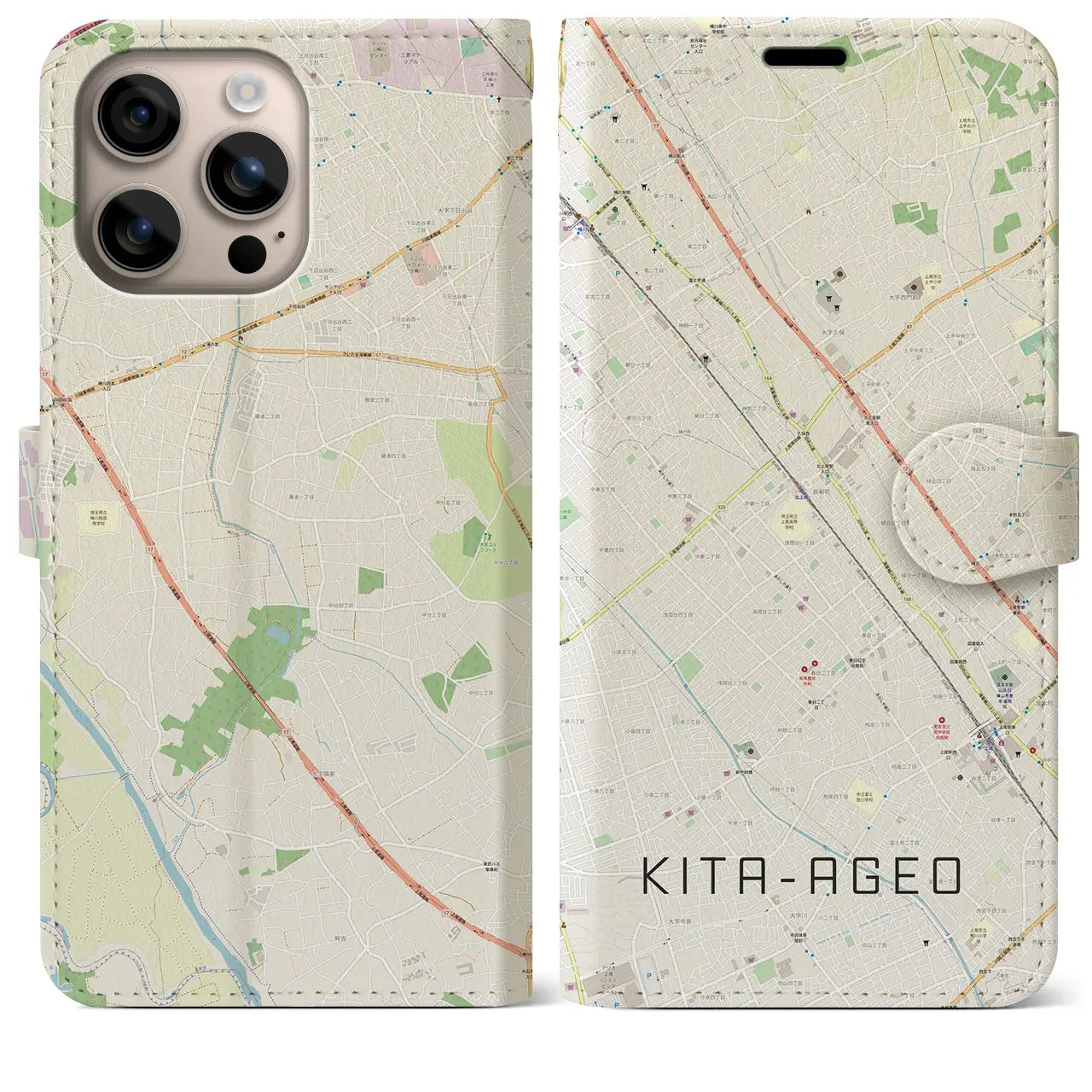 【北上尾(埼玉県)】地図柄iPhoneケース(手帳タイプ)ナチュラル・iPhone 16 Plus 用