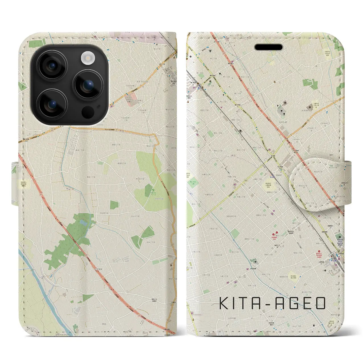 【北上尾(埼玉県)】地図柄iPhoneケース(手帳タイプ)ナチュラル・iPhone 16 用