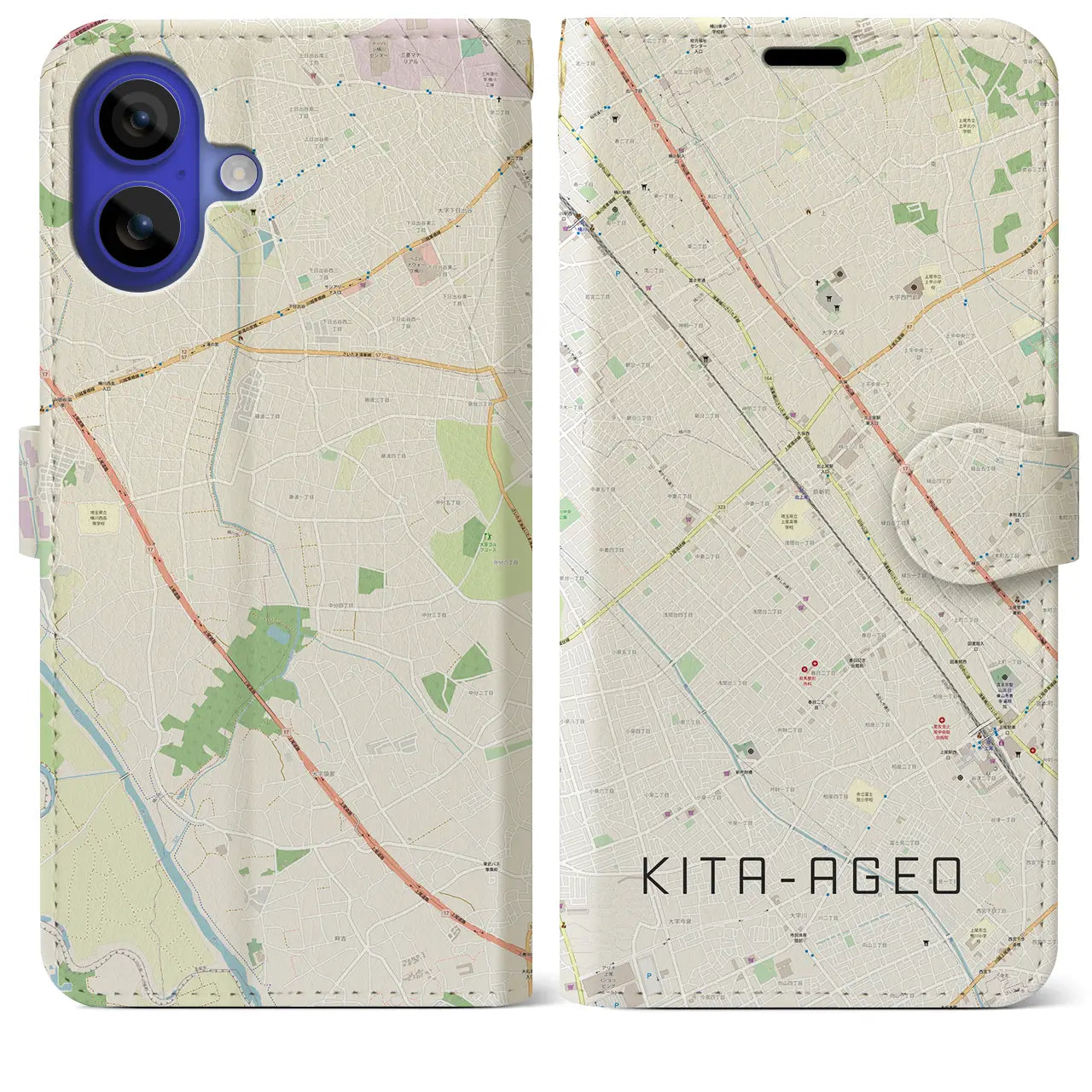 【北上尾(埼玉県)】地図柄iPhoneケース(手帳タイプ)ナチュラル・iPhone 16 Pro Max 用