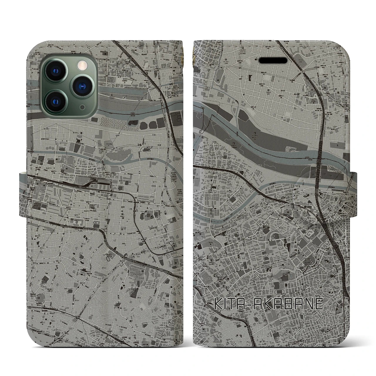 【北赤羽(東京都)】地図柄iPhoneケース(手帳タイプ)モノトーン・iPhone 11 Pro 用