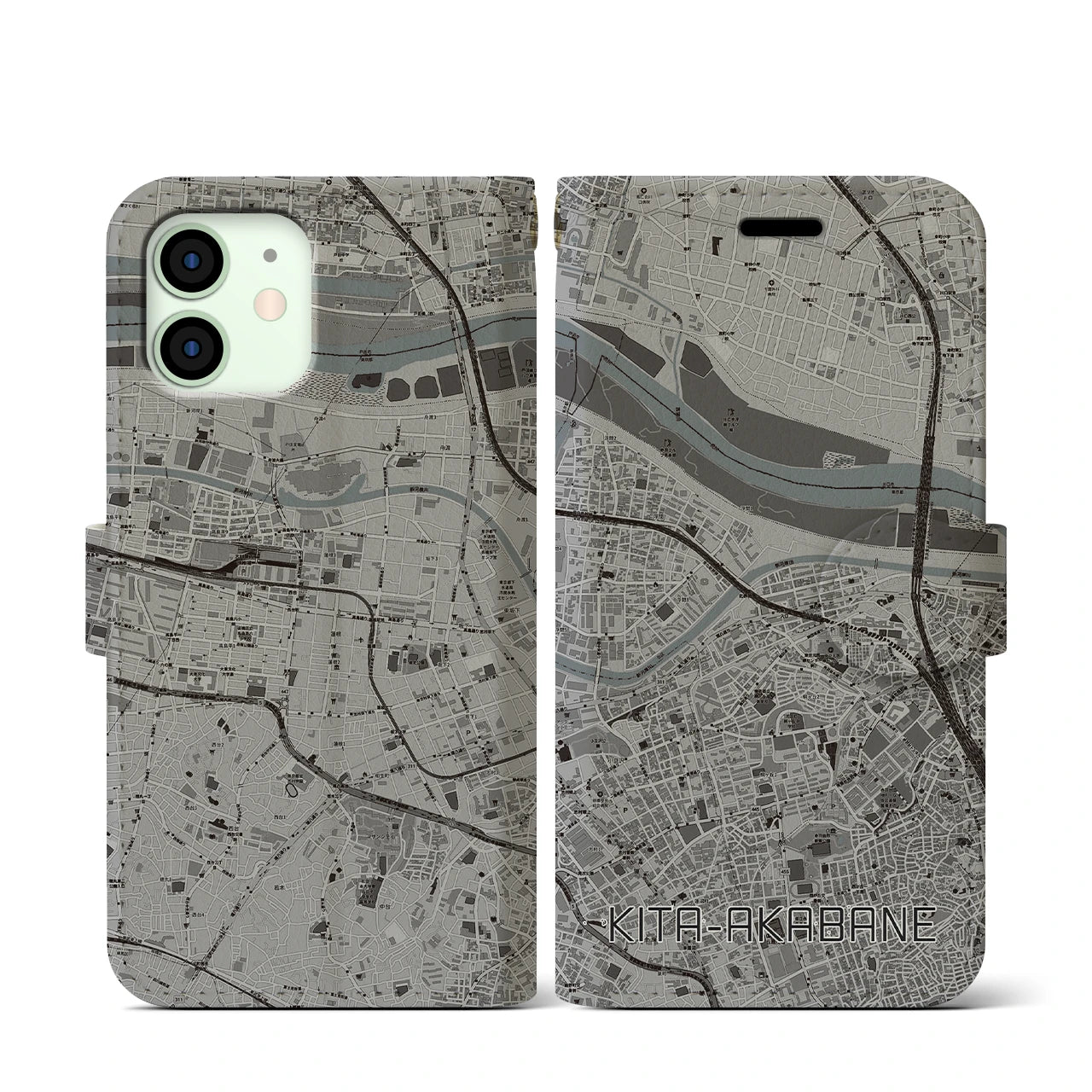 【北赤羽(東京都)】地図柄iPhoneケース(手帳タイプ)モノトーン・iPhone 12 mini 用