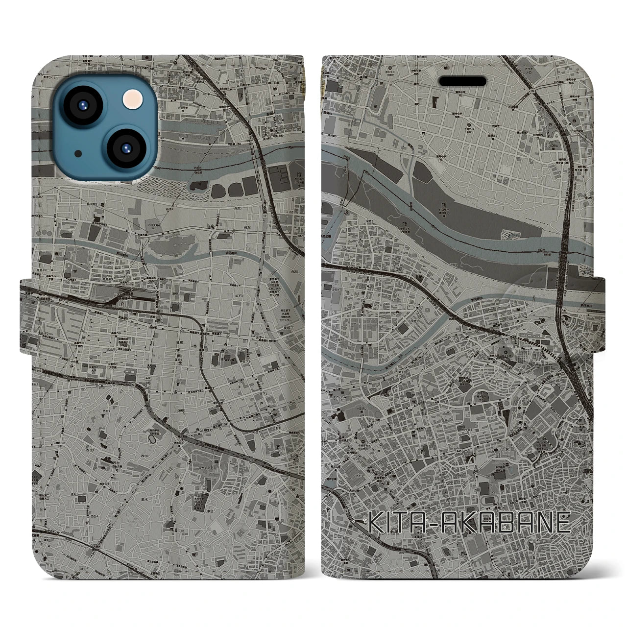 【北赤羽(東京都)】地図柄iPhoneケース(手帳タイプ)モノトーン・iPhone 13 用
