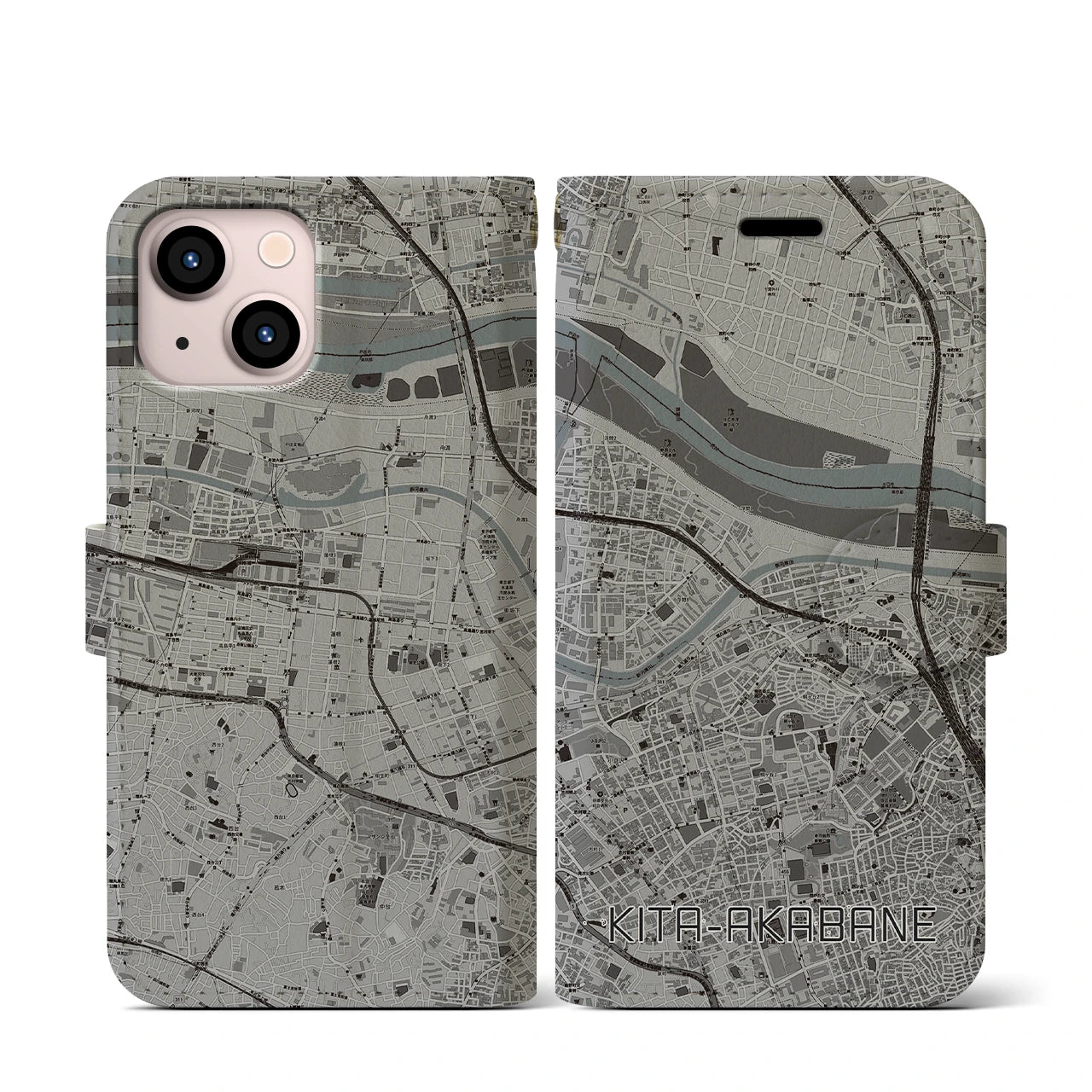 【北赤羽(東京都)】地図柄iPhoneケース(手帳タイプ)モノトーン・iPhone 13 mini 用
