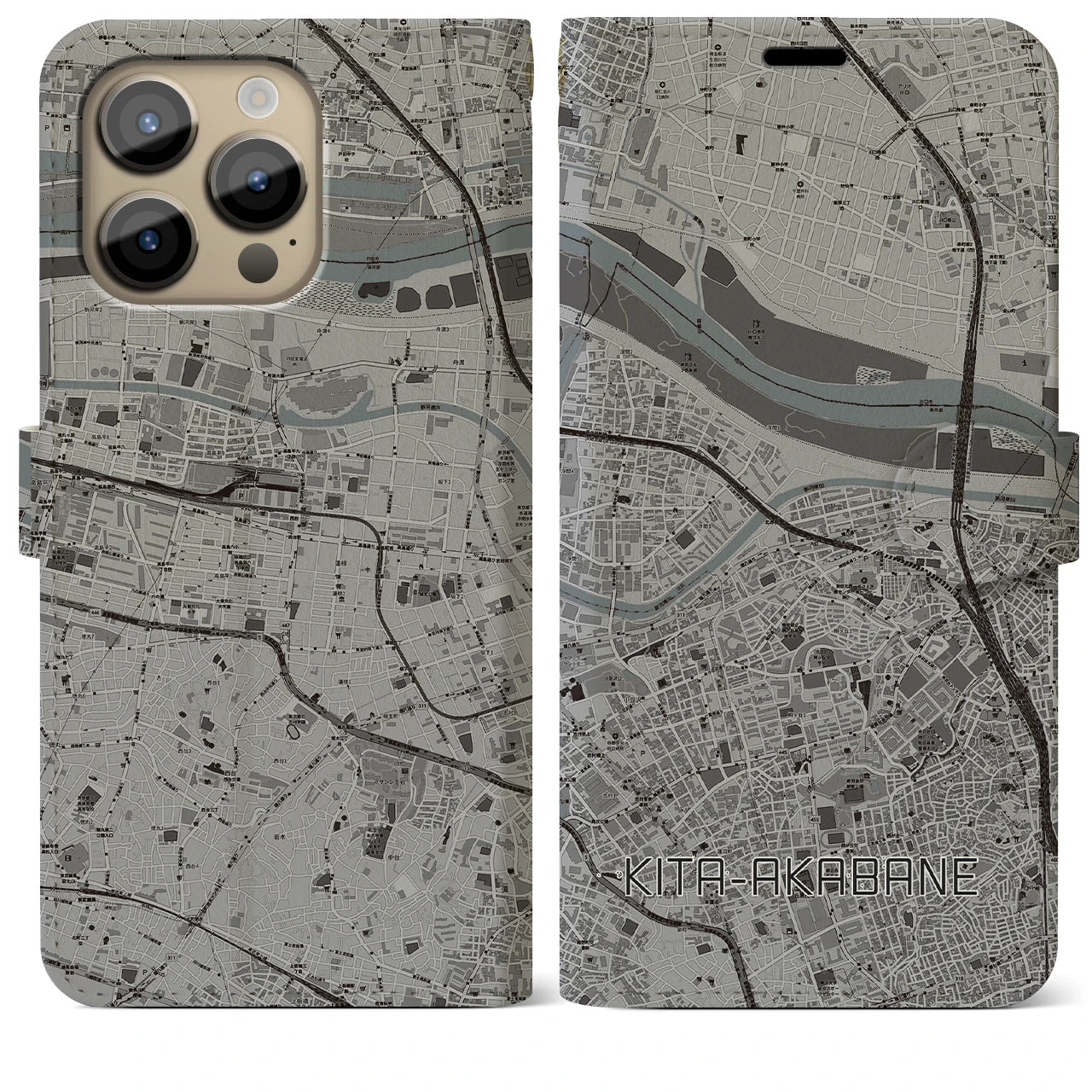 【北赤羽(東京都)】地図柄iPhoneケース(手帳タイプ)モノトーン・iPhone 14 Pro Max 用