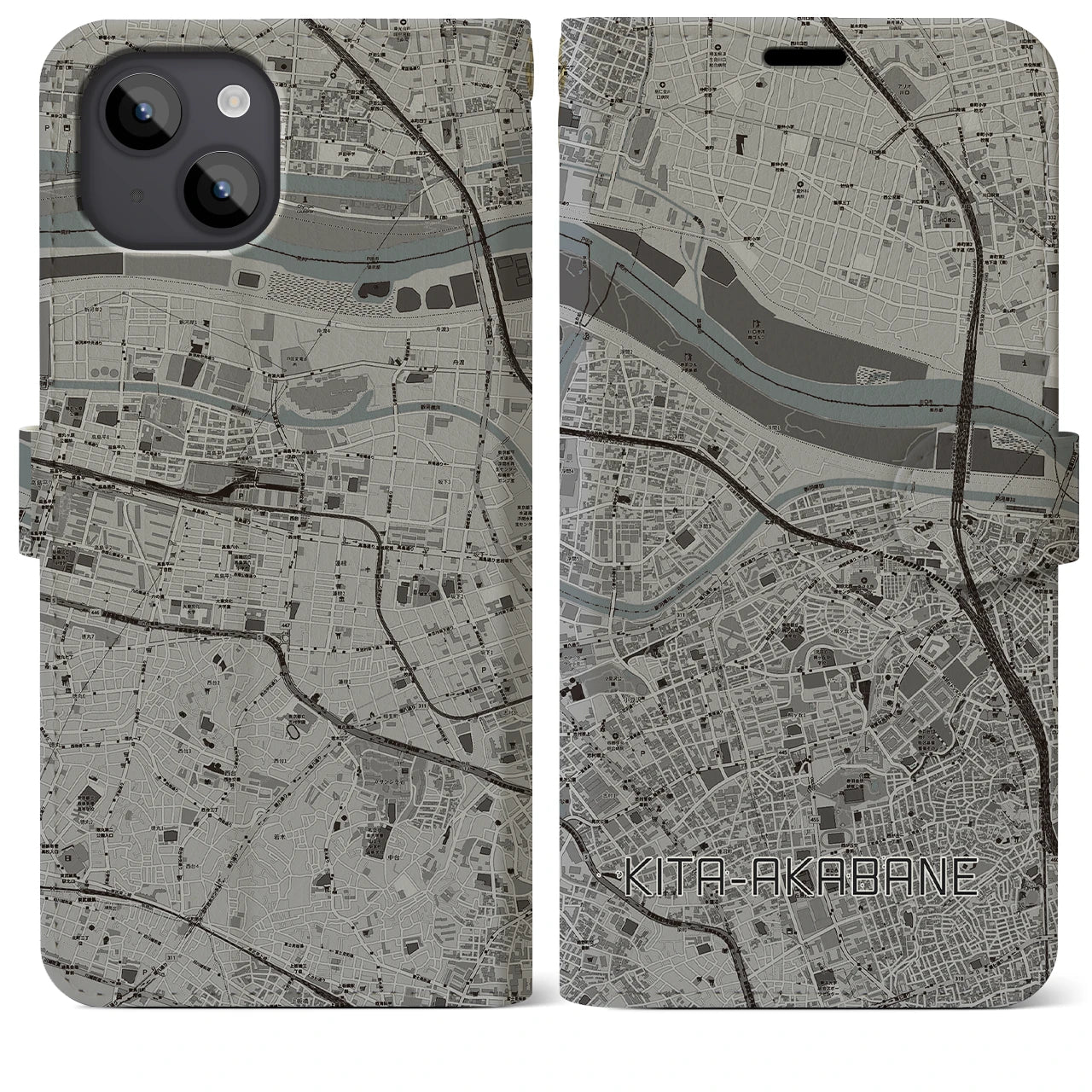 【北赤羽(東京都)】地図柄iPhoneケース(手帳タイプ)モノトーン・iPhone 14 Plus 用