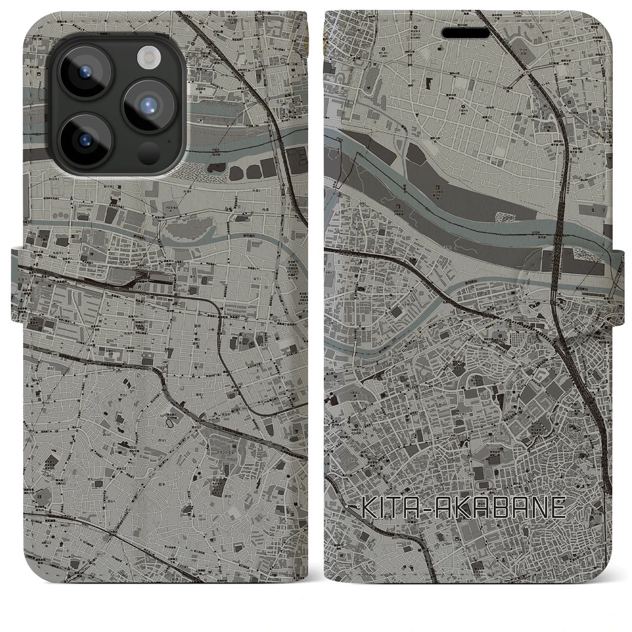 【北赤羽(東京都)】地図柄iPhoneケース(手帳タイプ)モノトーン・iPhone 15 Pro Max 用