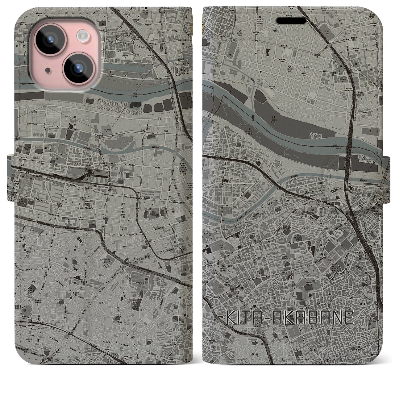 【北赤羽(東京都)】地図柄iPhoneケース(手帳タイプ)モノトーン・iPhone 15 Plus 用