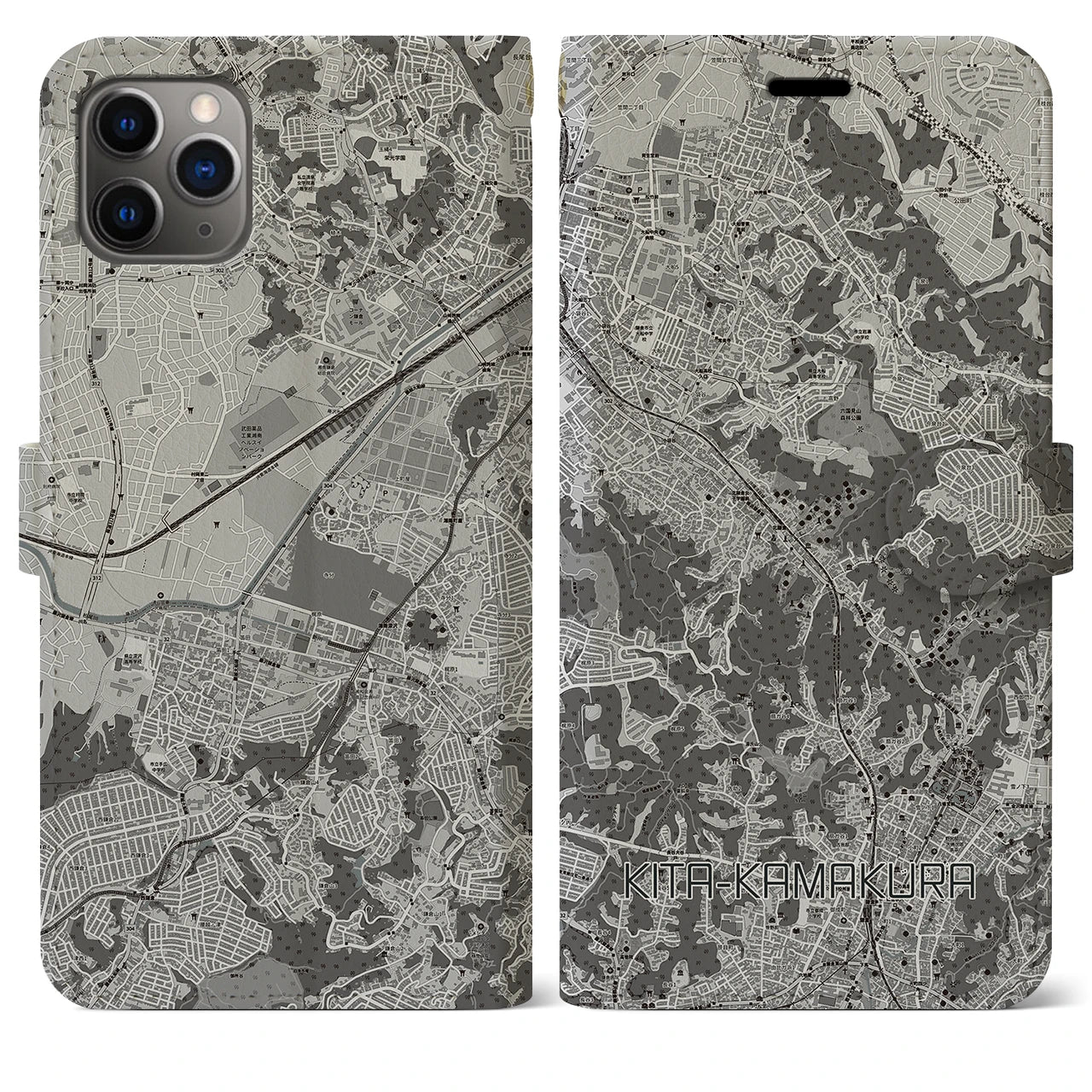 【北鎌倉(神奈川県)】地図柄iPhoneケース(手帳タイプ)モノトーン・iPhone 11 Pro Max 用