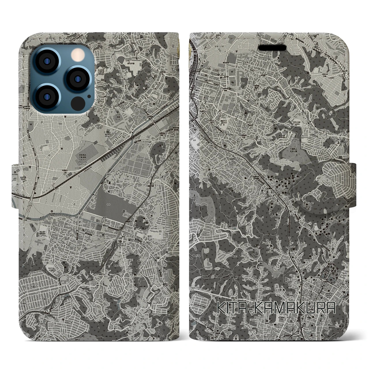 【北鎌倉(神奈川県)】地図柄iPhoneケース(手帳タイプ)モノトーン・iPhone 12 / 12 Pro 用