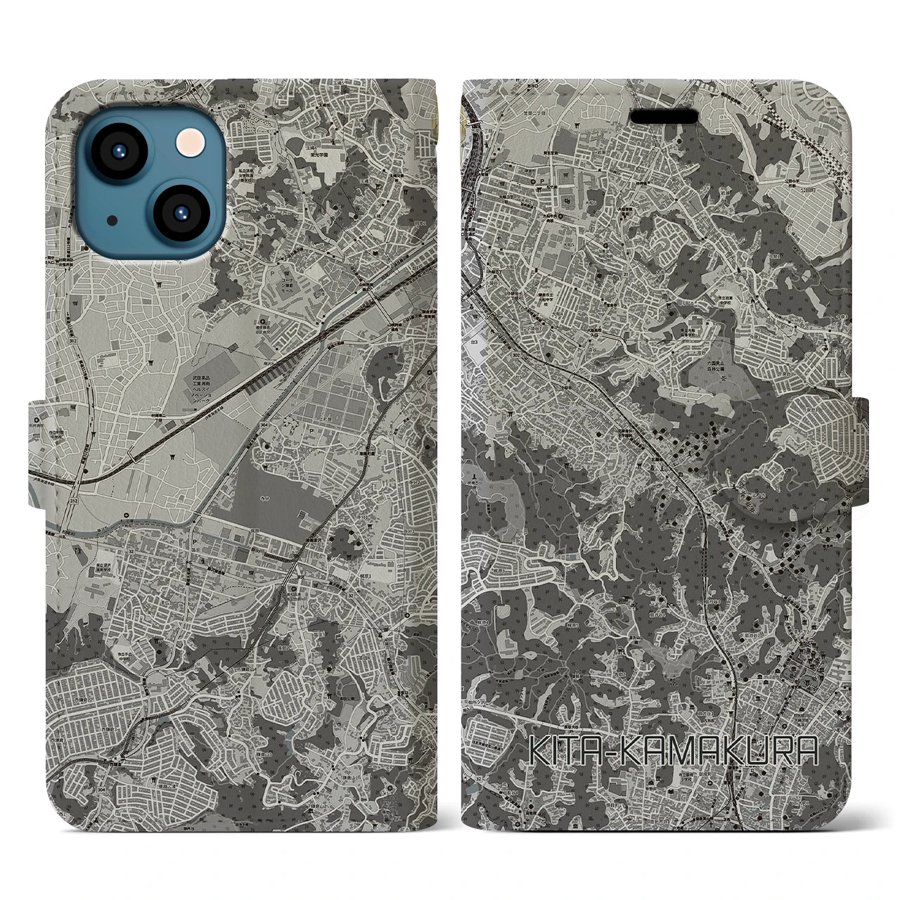 【北鎌倉(神奈川県)】地図柄iPhoneケース(手帳タイプ)モノトーン・iPhone 13 用