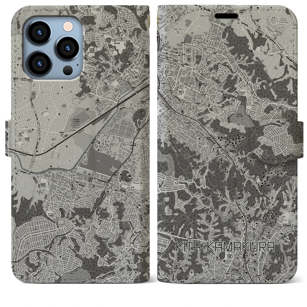 【北鎌倉(神奈川県)】地図柄iPhoneケース(手帳タイプ)モノトーン・iPhone 13 Pro Max 用