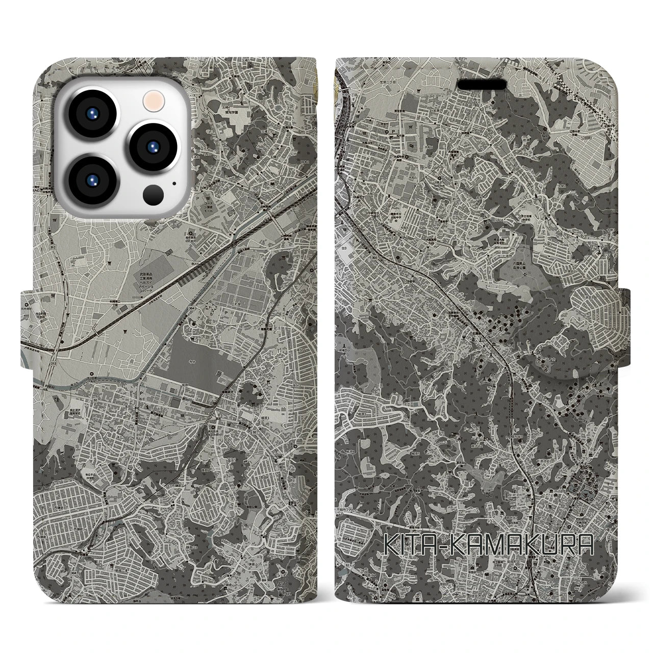 【北鎌倉(神奈川県)】地図柄iPhoneケース(手帳タイプ)モノトーン・iPhone 13 Pro 用