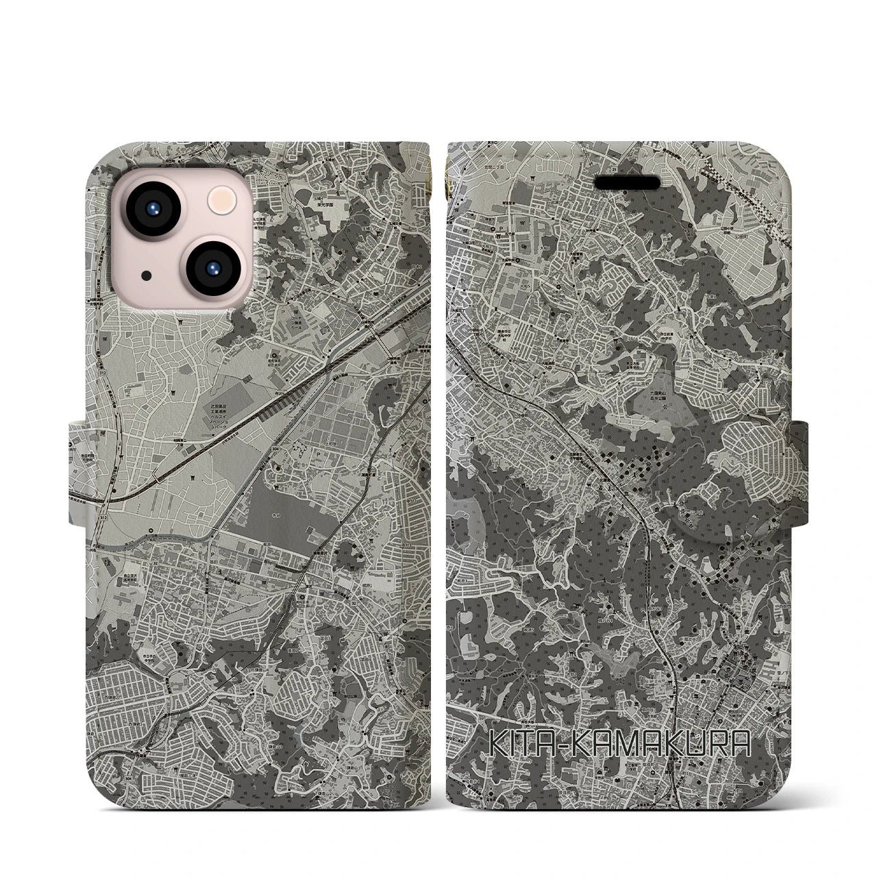 【北鎌倉(神奈川県)】地図柄iPhoneケース(手帳タイプ)モノトーン・iPhone 13 mini 用