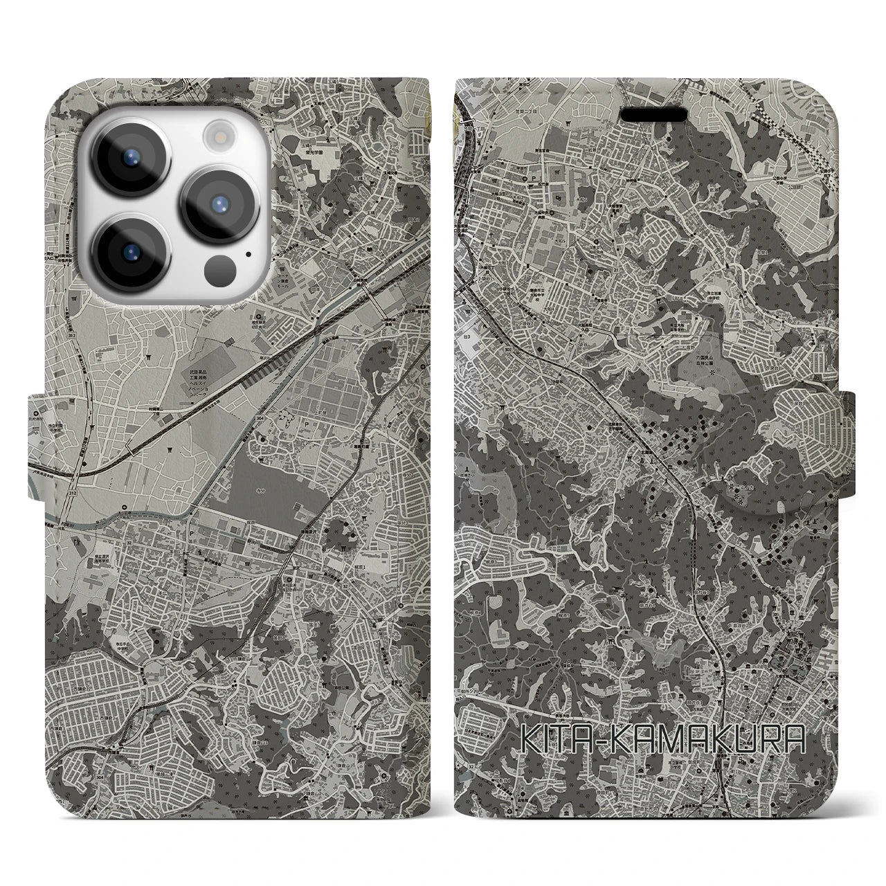 【北鎌倉(神奈川県)】地図柄iPhoneケース(手帳タイプ)モノトーン・iPhone 14 Pro 用
