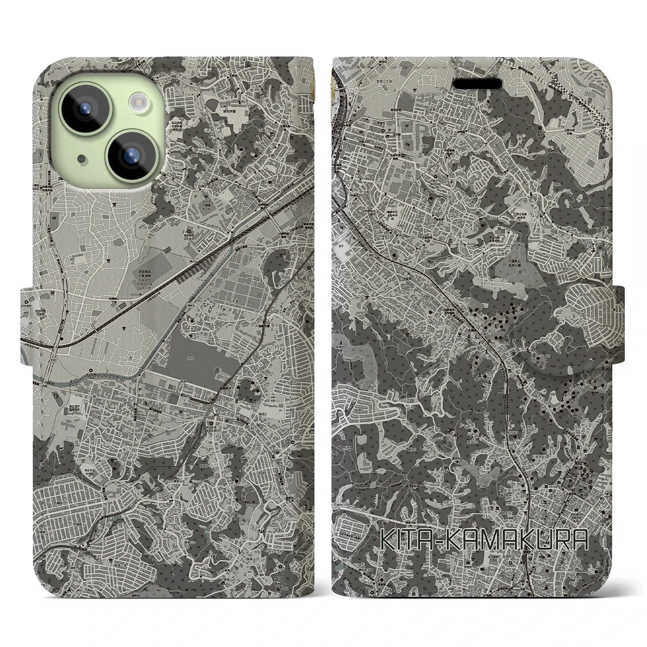 【北鎌倉(神奈川県)】地図柄iPhoneケース(手帳タイプ)モノトーン・iPhone 15 用