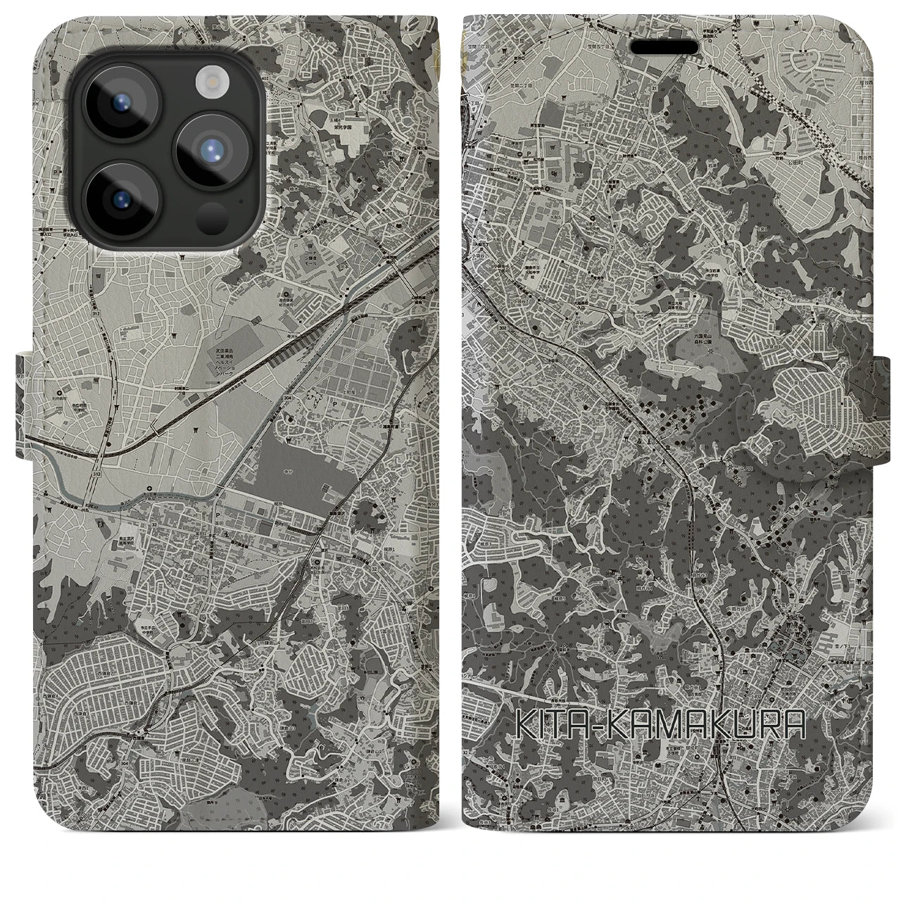 【北鎌倉(神奈川県)】地図柄iPhoneケース(手帳タイプ)モノトーン・iPhone 15 Pro Max 用