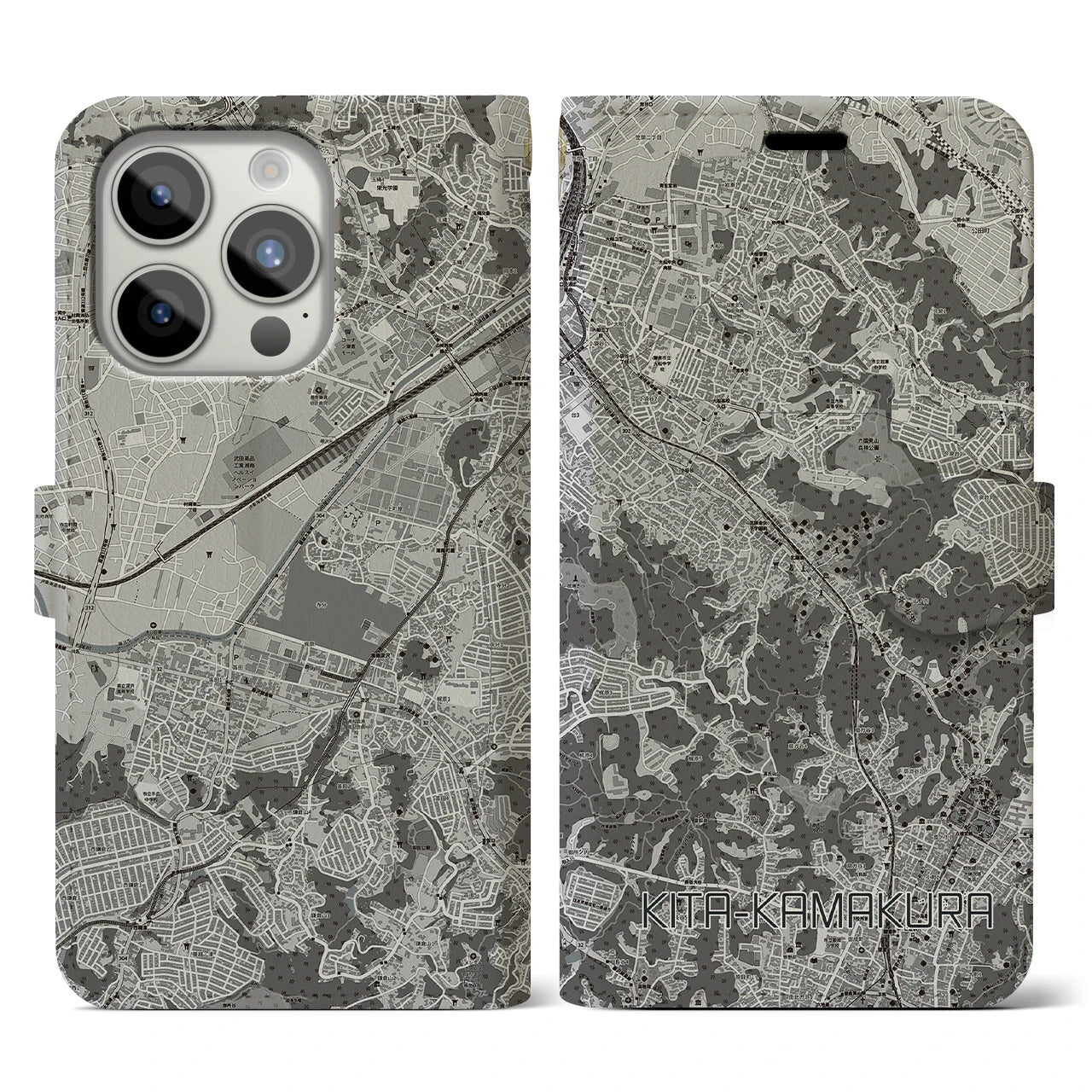 【北鎌倉(神奈川県)】地図柄iPhoneケース(手帳タイプ)モノトーン・iPhone 15 Pro 用