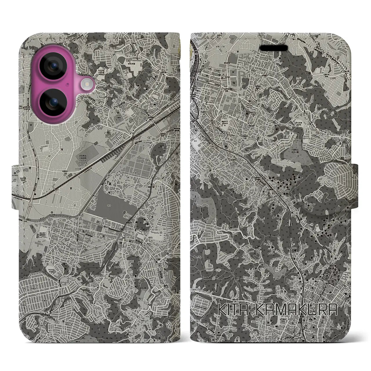 【北鎌倉(神奈川県)】地図柄iPhoneケース(手帳タイプ)モノトーン・iPhone 16 Pro 用