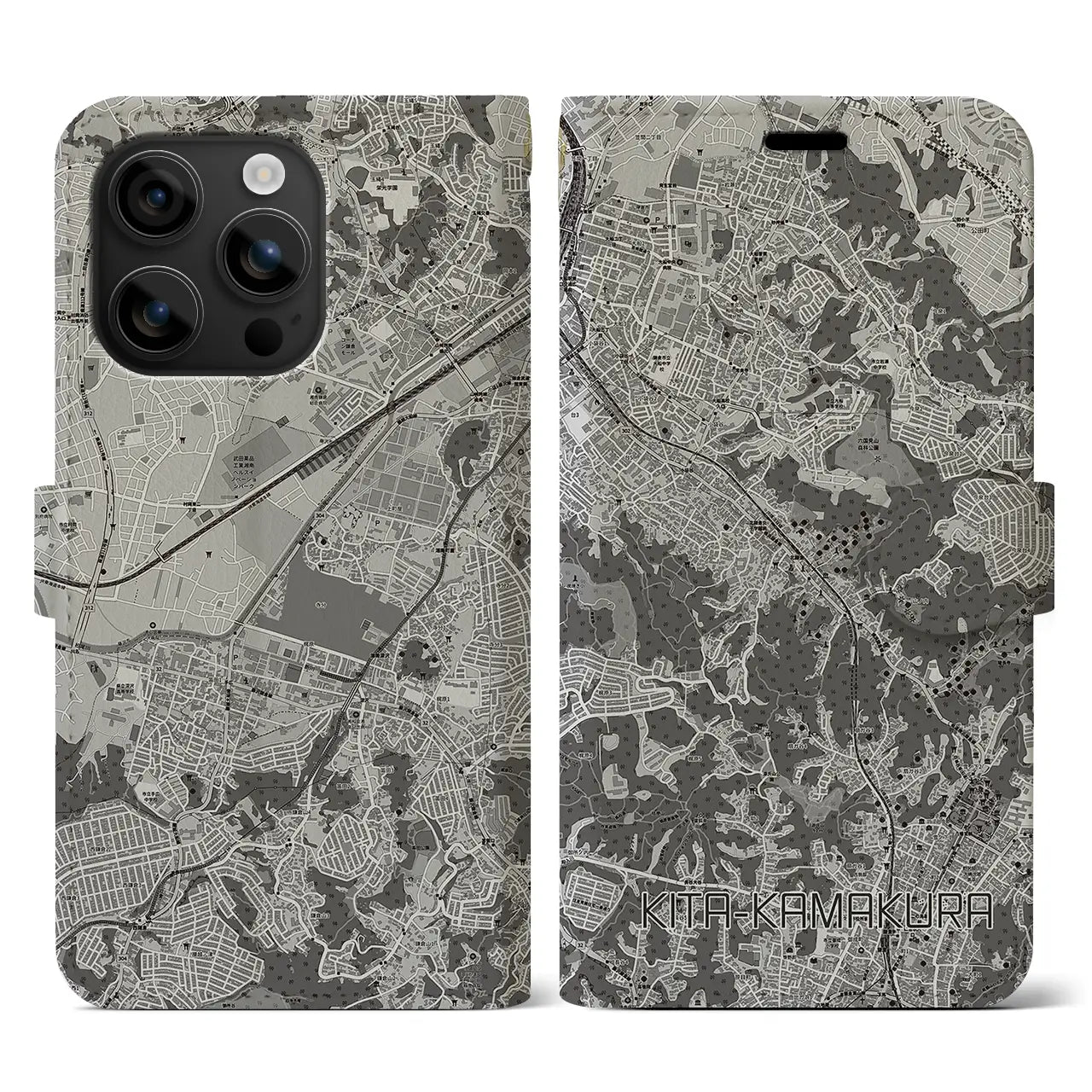 【北鎌倉(神奈川県)】地図柄iPhoneケース(手帳タイプ)モノトーン・iPhone 16 用