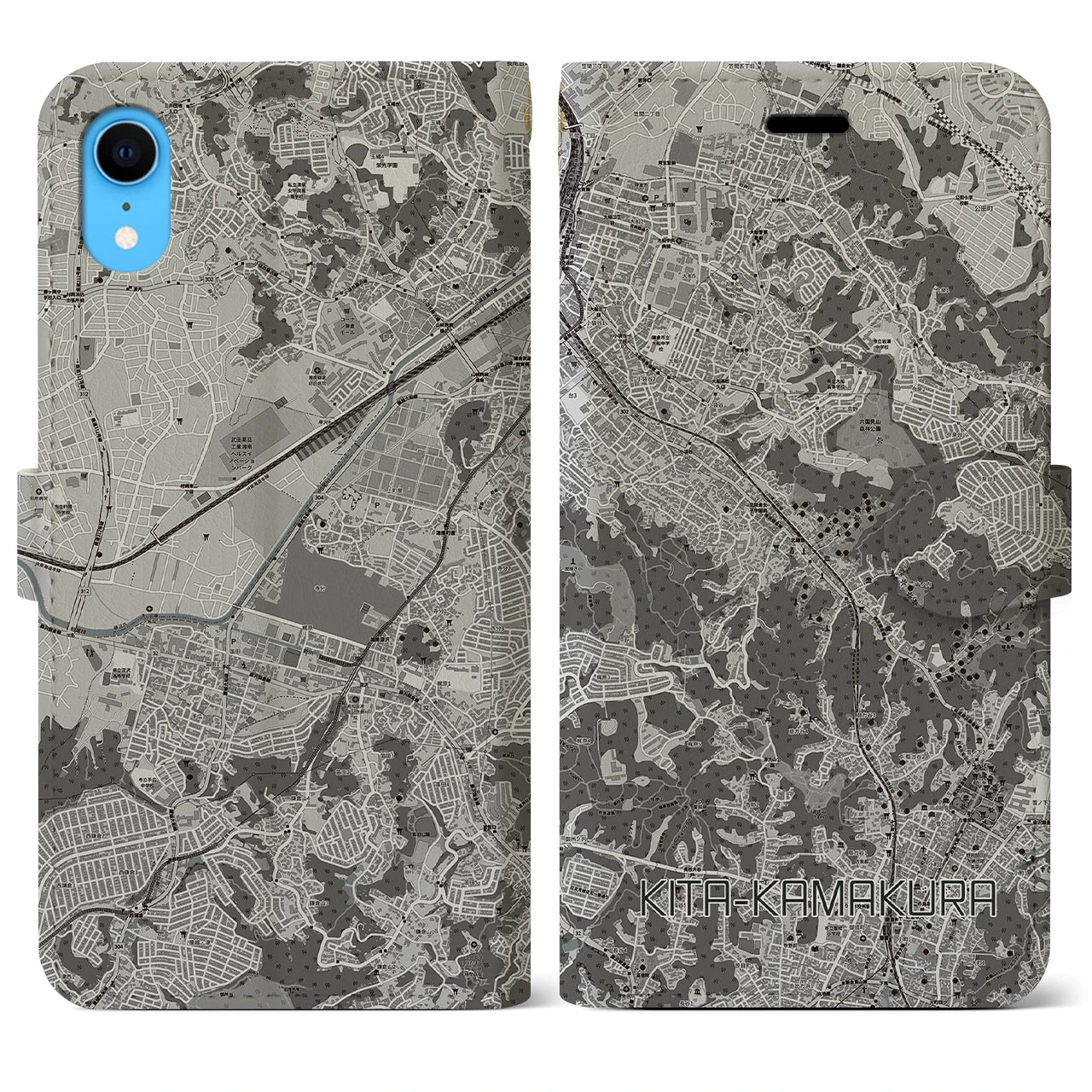 【北鎌倉(神奈川県)】地図柄iPhoneケース(手帳タイプ)モノトーン・iPhone XR 用