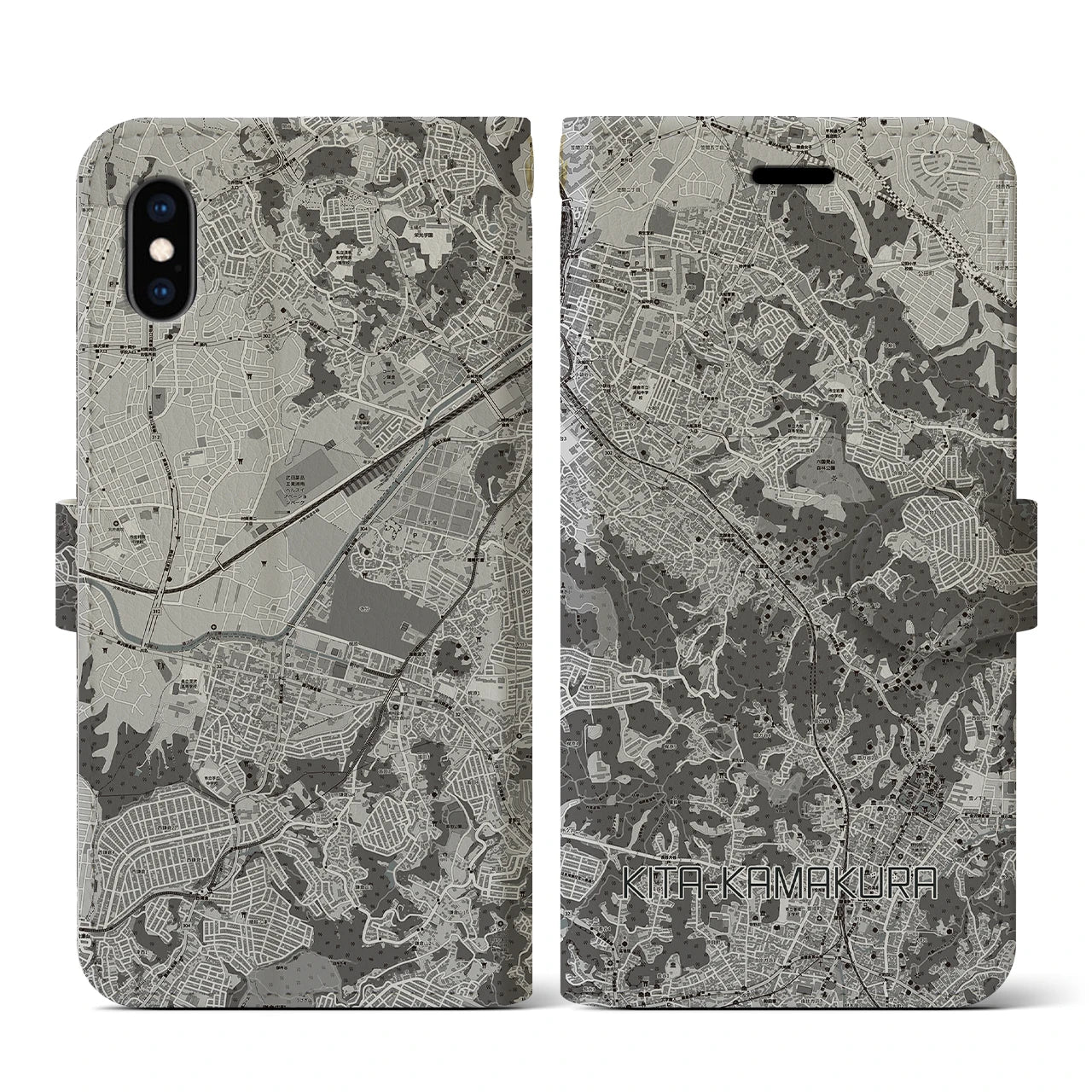 【北鎌倉(神奈川県)】地図柄iPhoneケース(手帳タイプ)モノトーン・iPhone XS / X 用