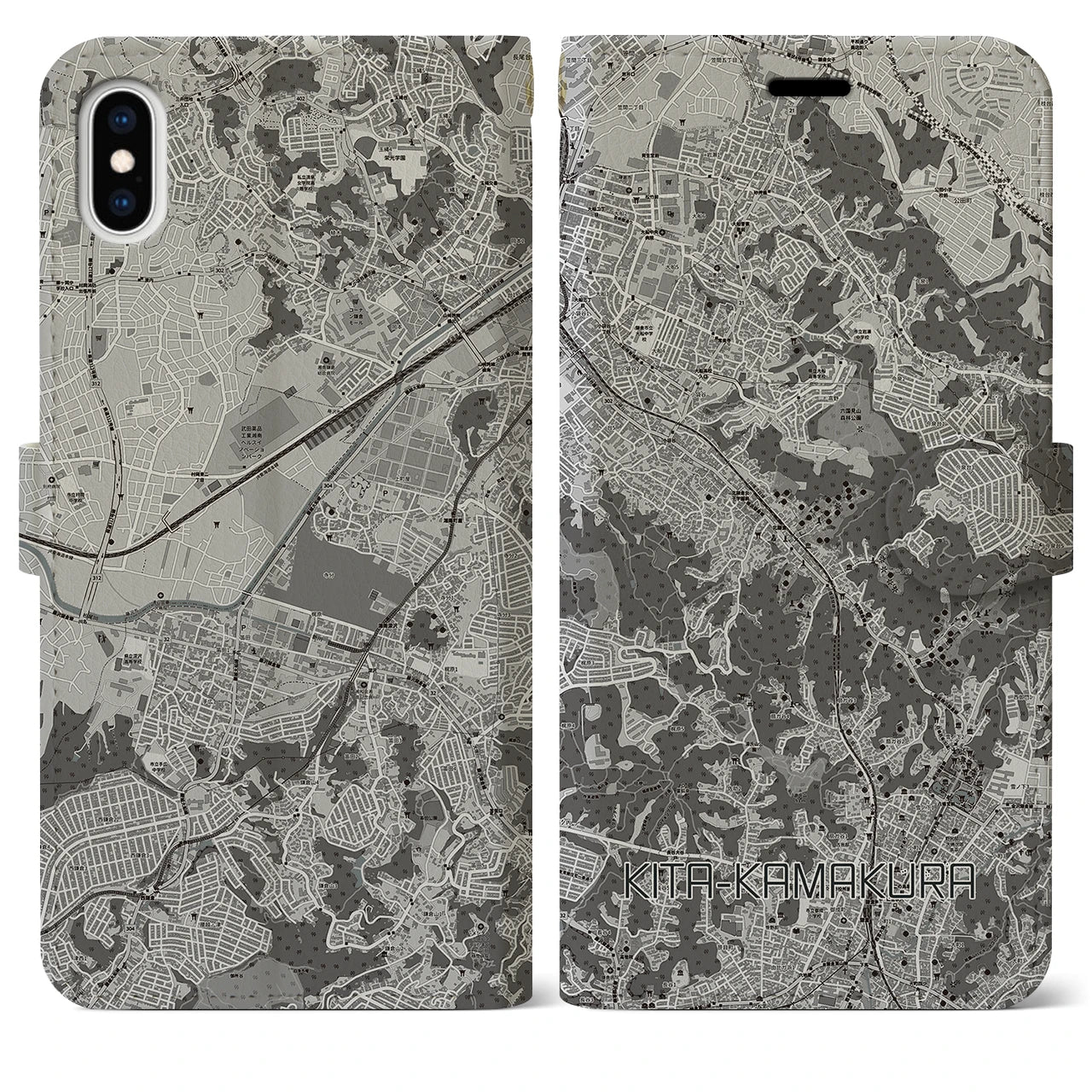 【北鎌倉(神奈川県)】地図柄iPhoneケース(手帳タイプ)モノトーン・iPhone XS Max 用