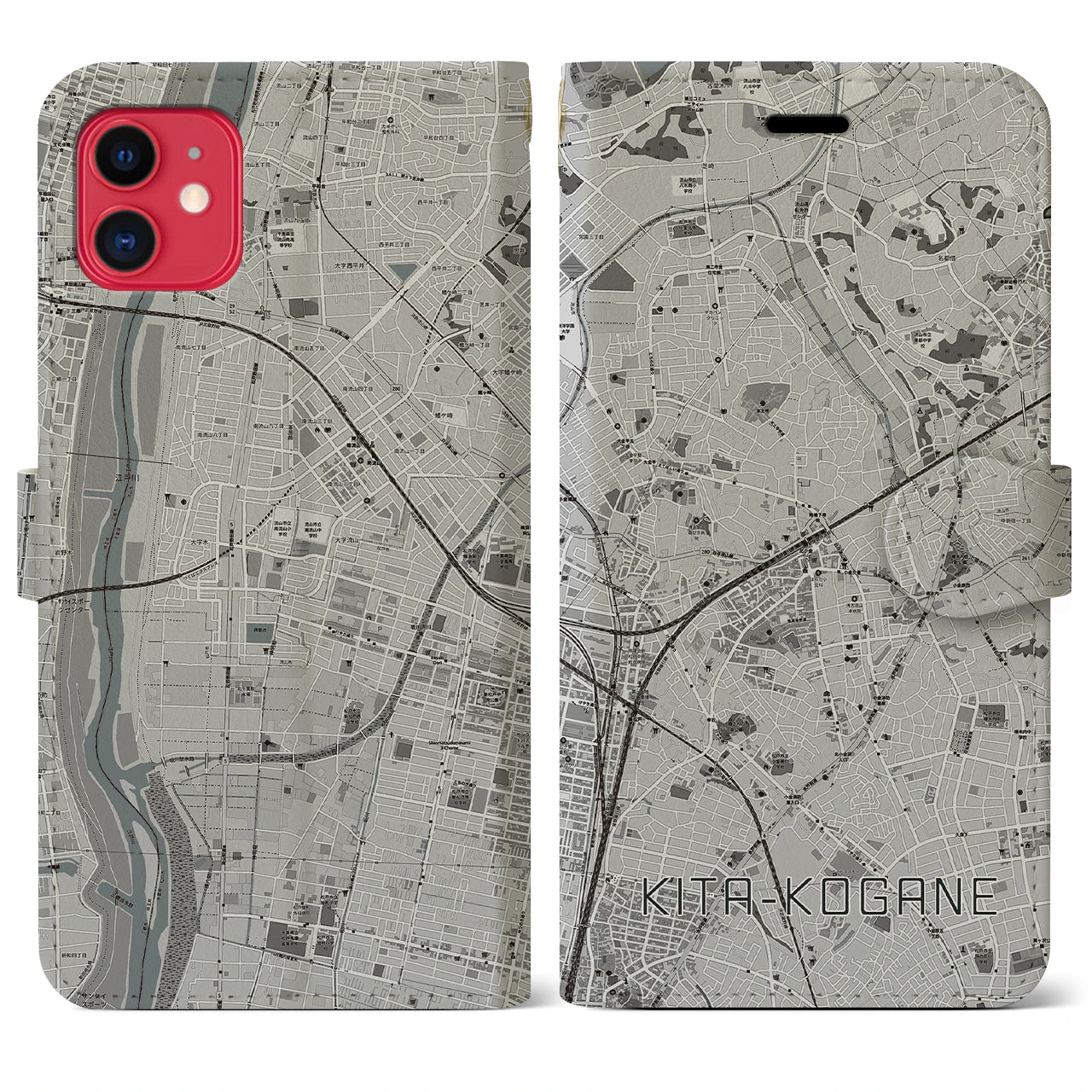 【北小金(千葉県)】地図柄iPhoneケース(手帳タイプ)モノトーン・iPhone 11 用