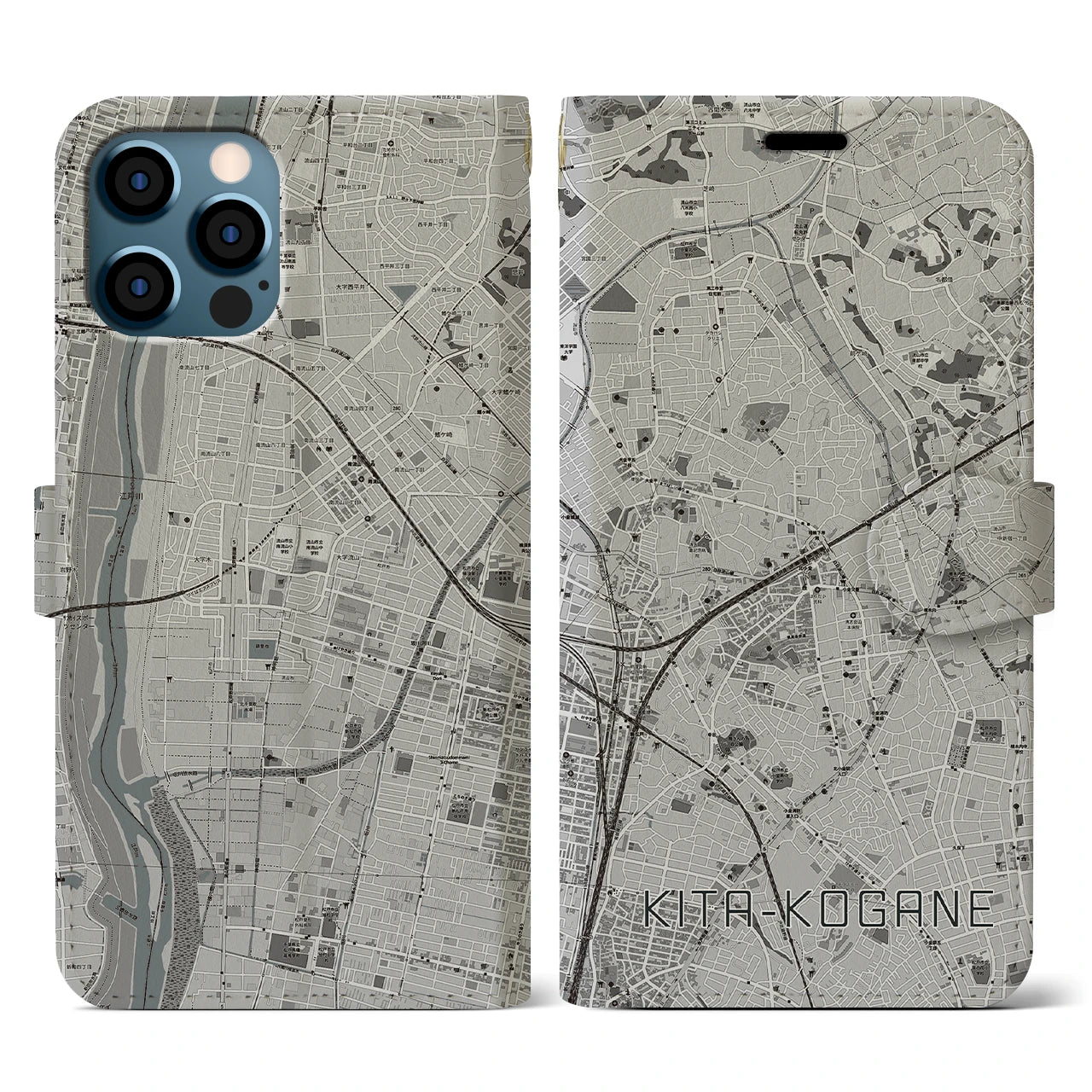【北小金(千葉県)】地図柄iPhoneケース(手帳タイプ)モノトーン・iPhone 12 / 12 Pro 用