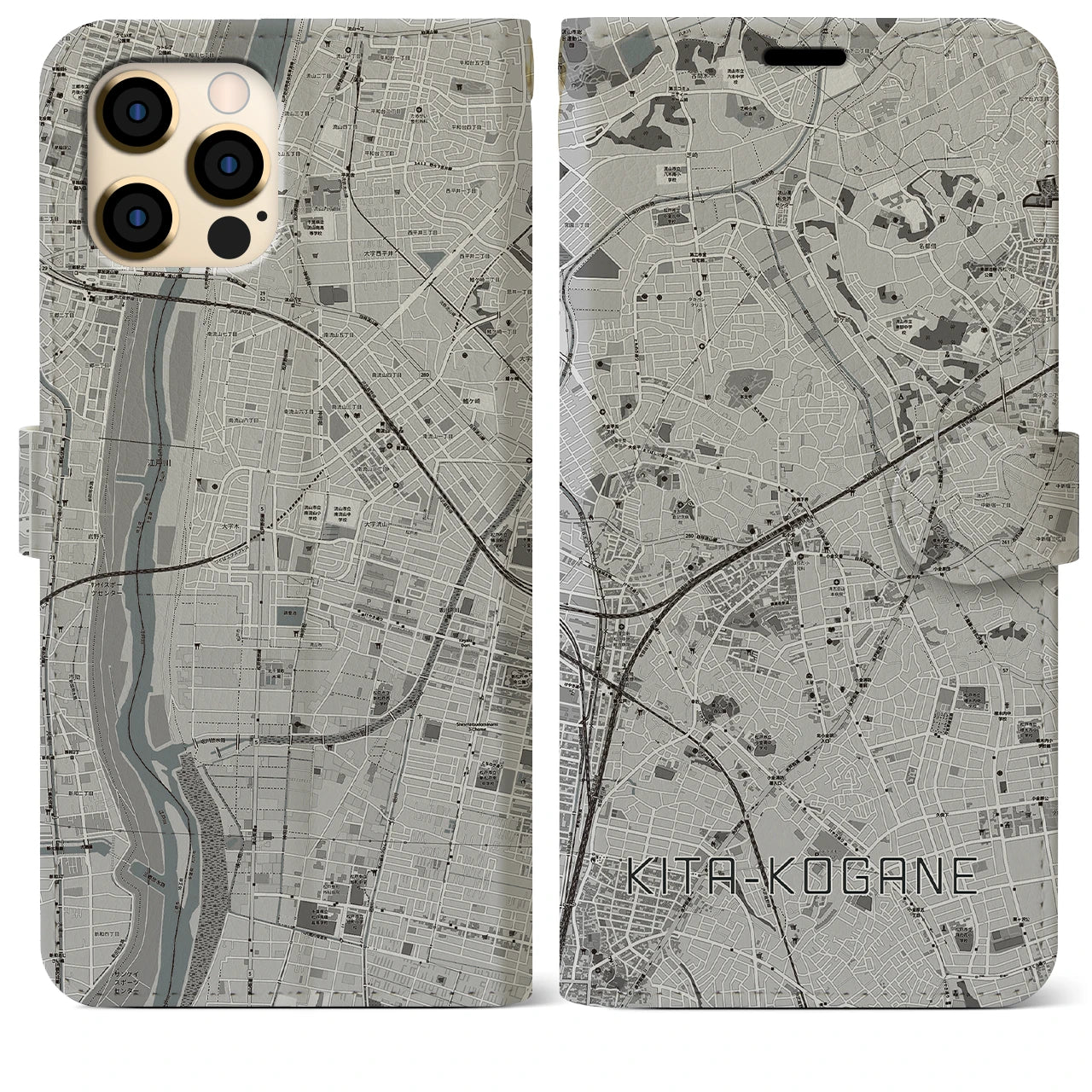【北小金(千葉県)】地図柄iPhoneケース(手帳タイプ)モノトーン・iPhone 12 Pro Max 用