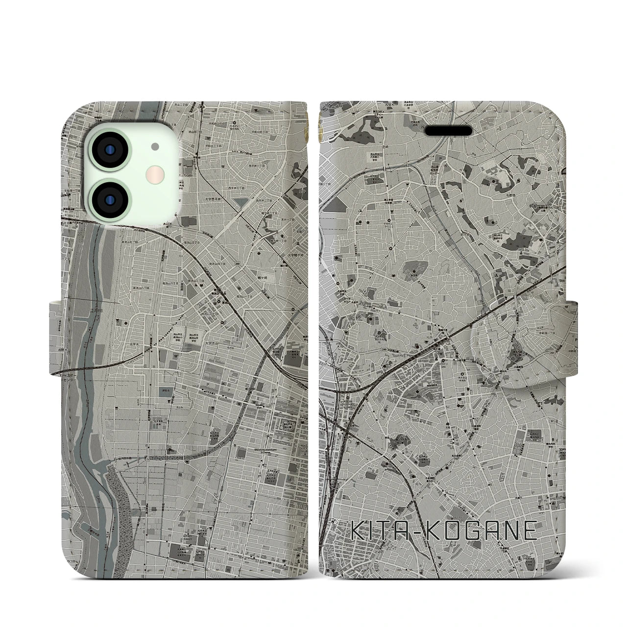 【北小金(千葉県)】地図柄iPhoneケース(手帳タイプ)モノトーン・iPhone 12 mini 用