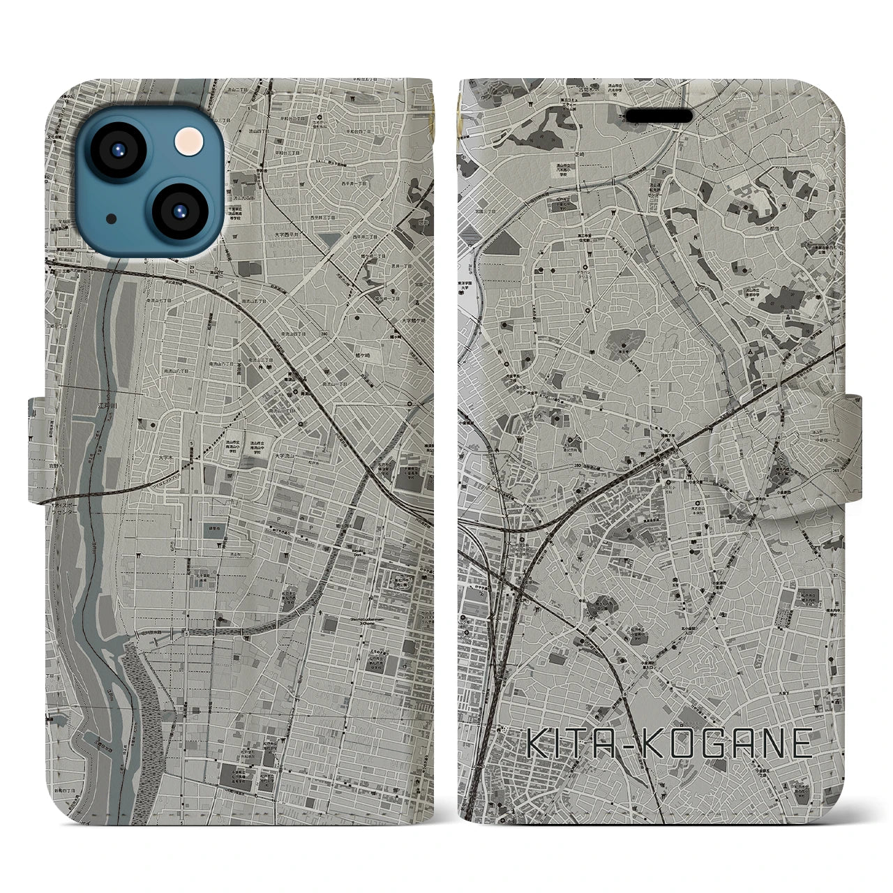 【北小金(千葉県)】地図柄iPhoneケース(手帳タイプ)モノトーン・iPhone 13 用