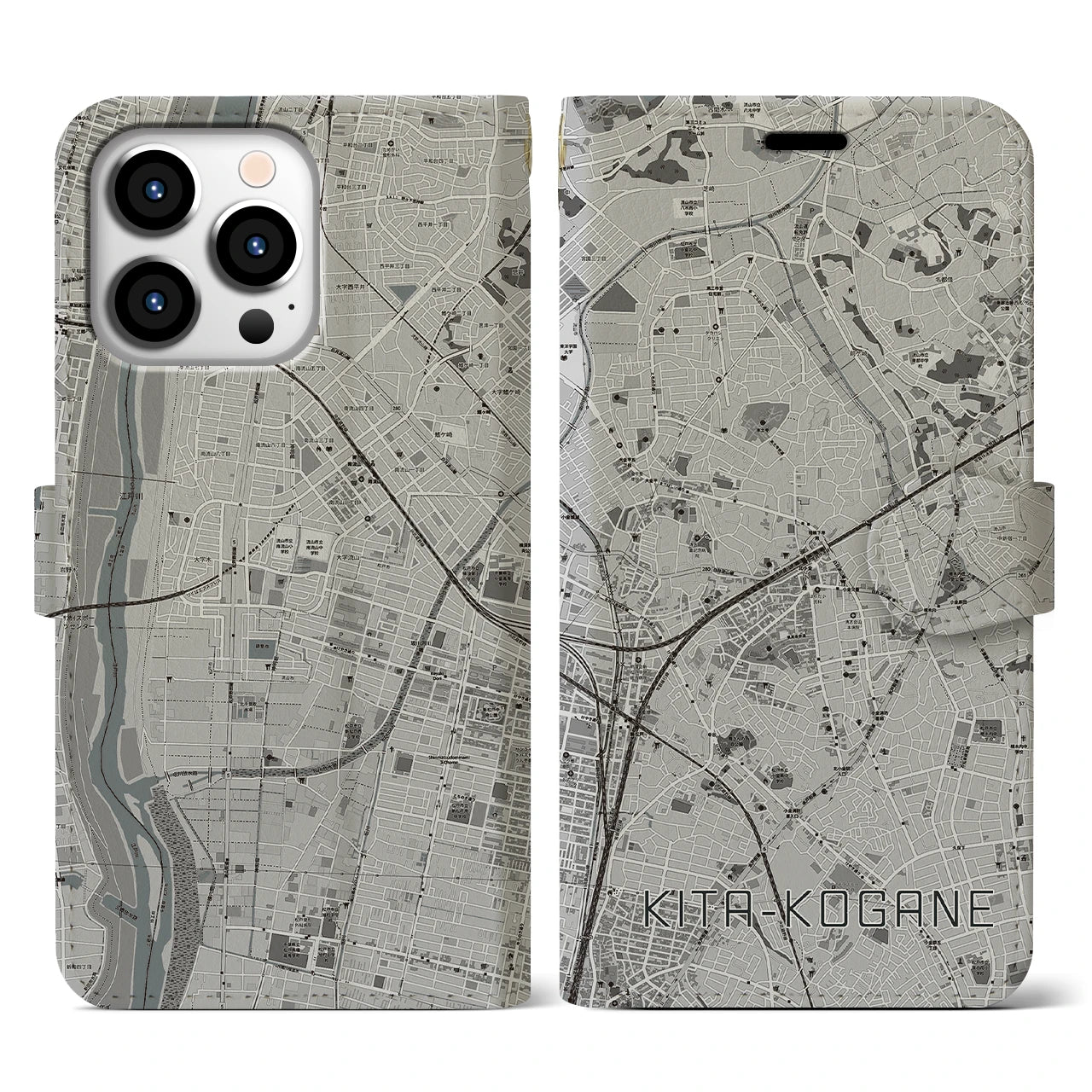 【北小金(千葉県)】地図柄iPhoneケース(手帳タイプ)モノトーン・iPhone 13 Pro 用