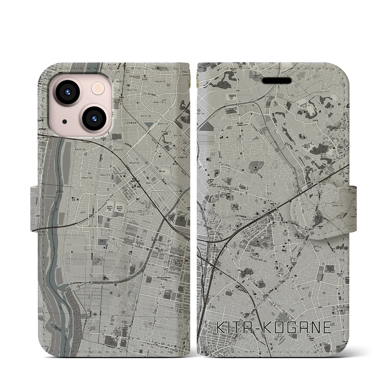 【北小金(千葉県)】地図柄iPhoneケース(手帳タイプ)モノトーン・iPhone 13 mini 用
