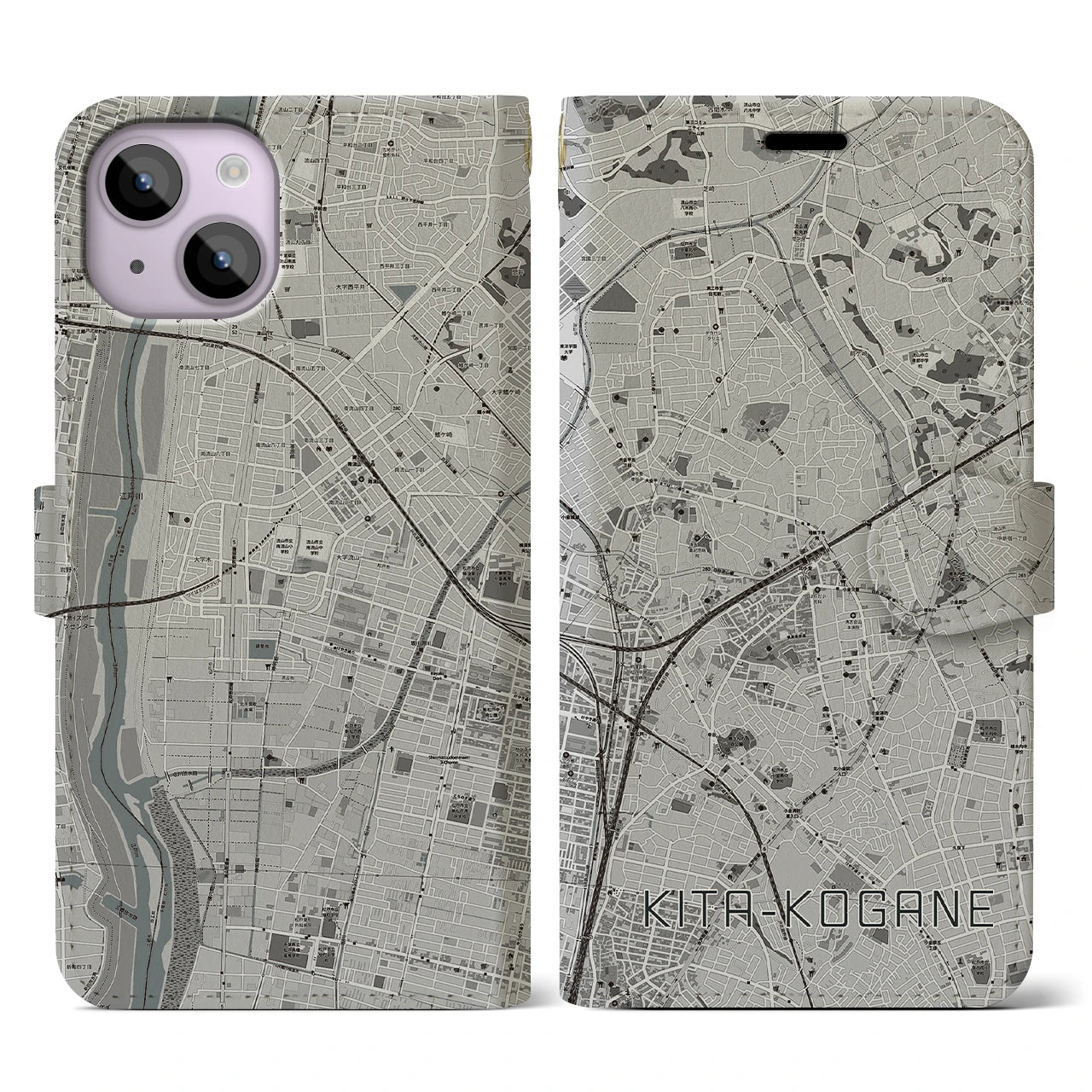 【北小金(千葉県)】地図柄iPhoneケース(手帳タイプ)モノトーン・iPhone 14 用