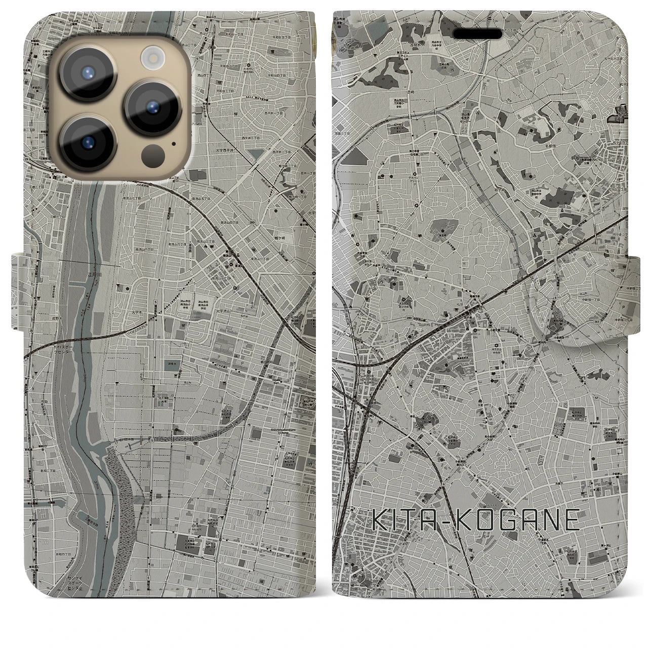 【北小金(千葉県)】地図柄iPhoneケース(手帳タイプ)モノトーン・iPhone 14 Pro Max 用
