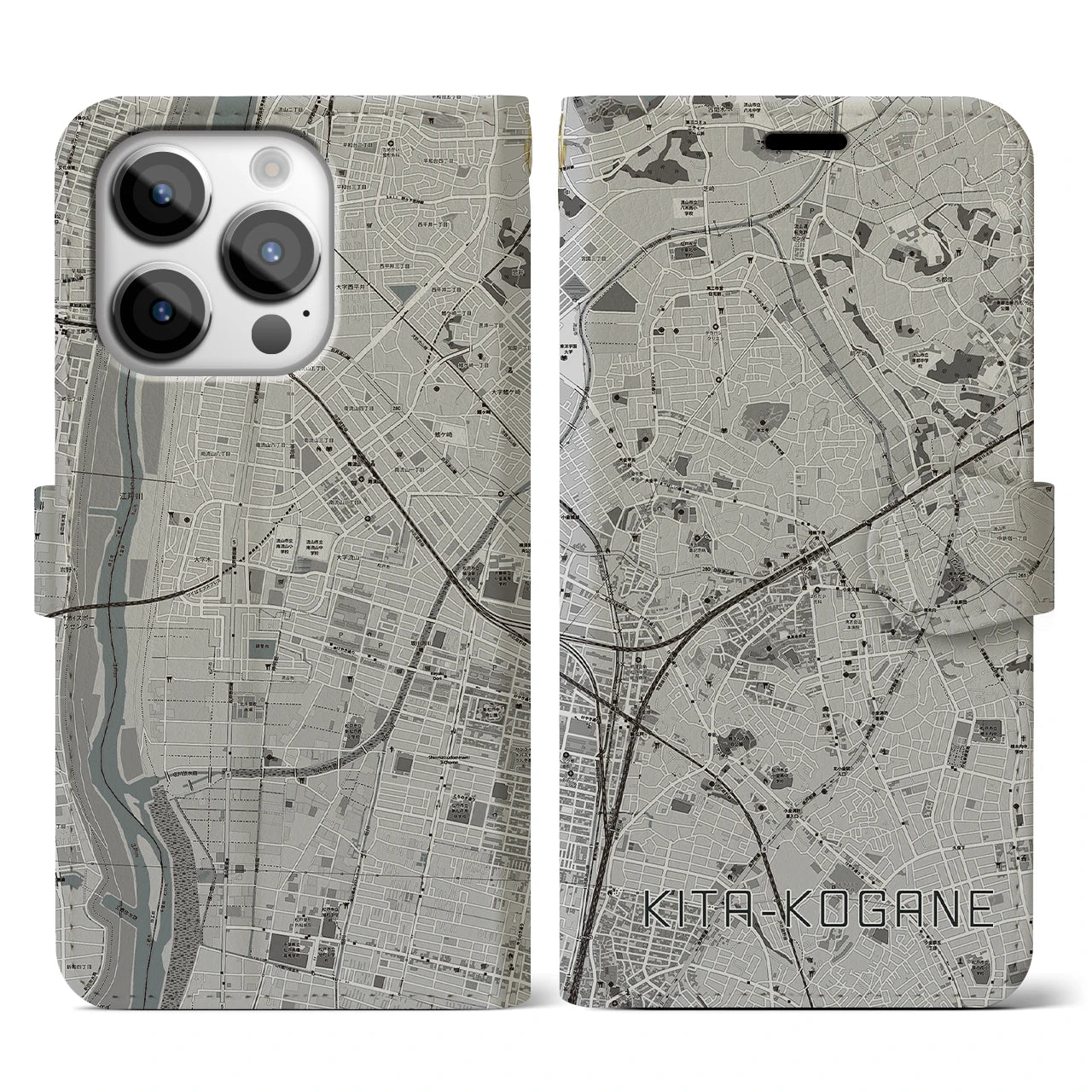 【北小金(千葉県)】地図柄iPhoneケース(手帳タイプ)モノトーン・iPhone 14 Pro 用