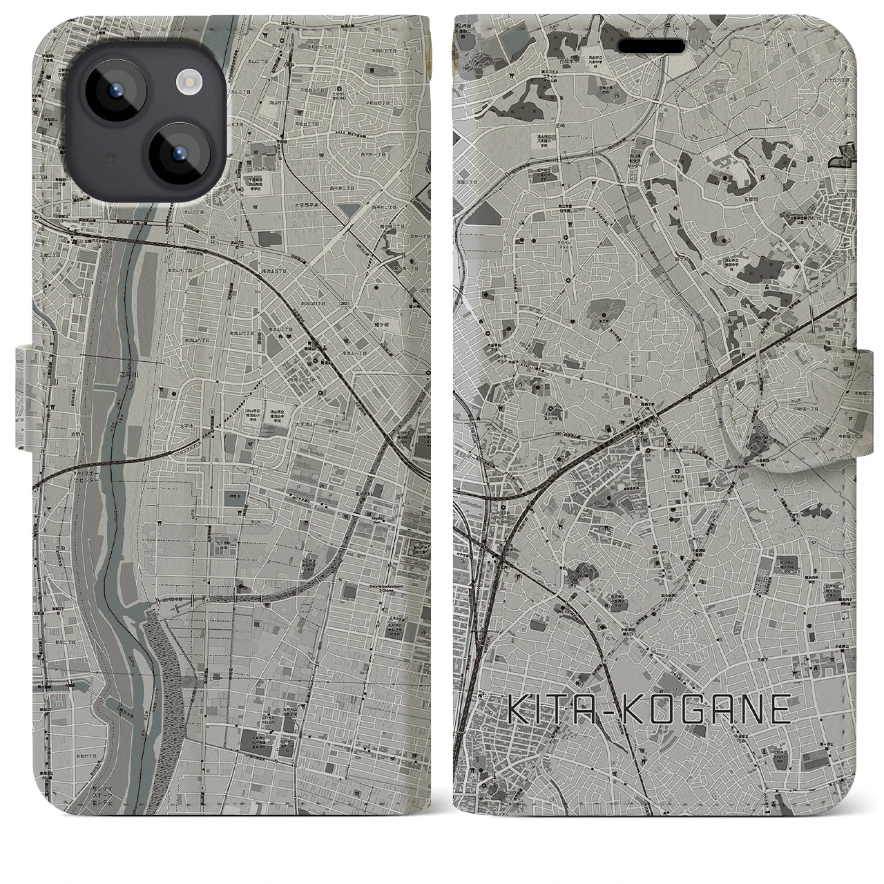 【北小金(千葉県)】地図柄iPhoneケース(手帳タイプ)モノトーン・iPhone 14 Plus 用