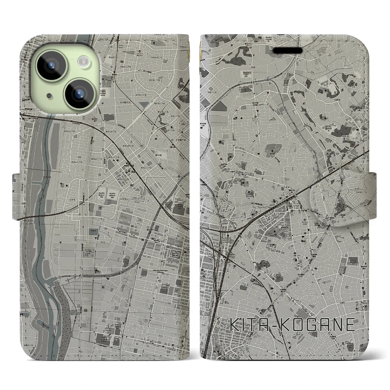 【北小金(千葉県)】地図柄iPhoneケース(手帳タイプ)モノトーン・iPhone 15 用