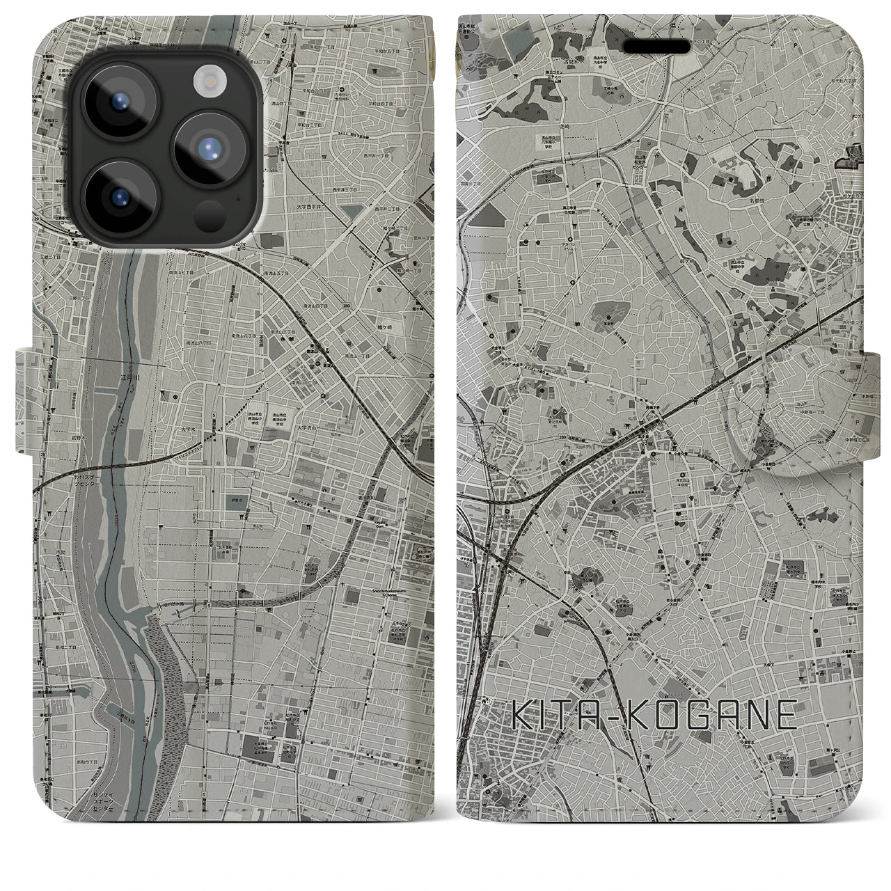 【北小金(千葉県)】地図柄iPhoneケース(手帳タイプ)モノトーン・iPhone 15 Pro Max 用