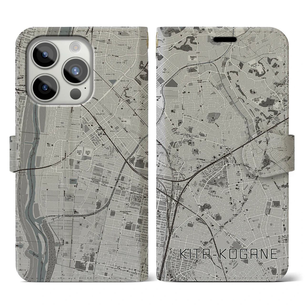 【北小金(千葉県)】地図柄iPhoneケース(手帳タイプ)モノトーン・iPhone 15 Pro 用