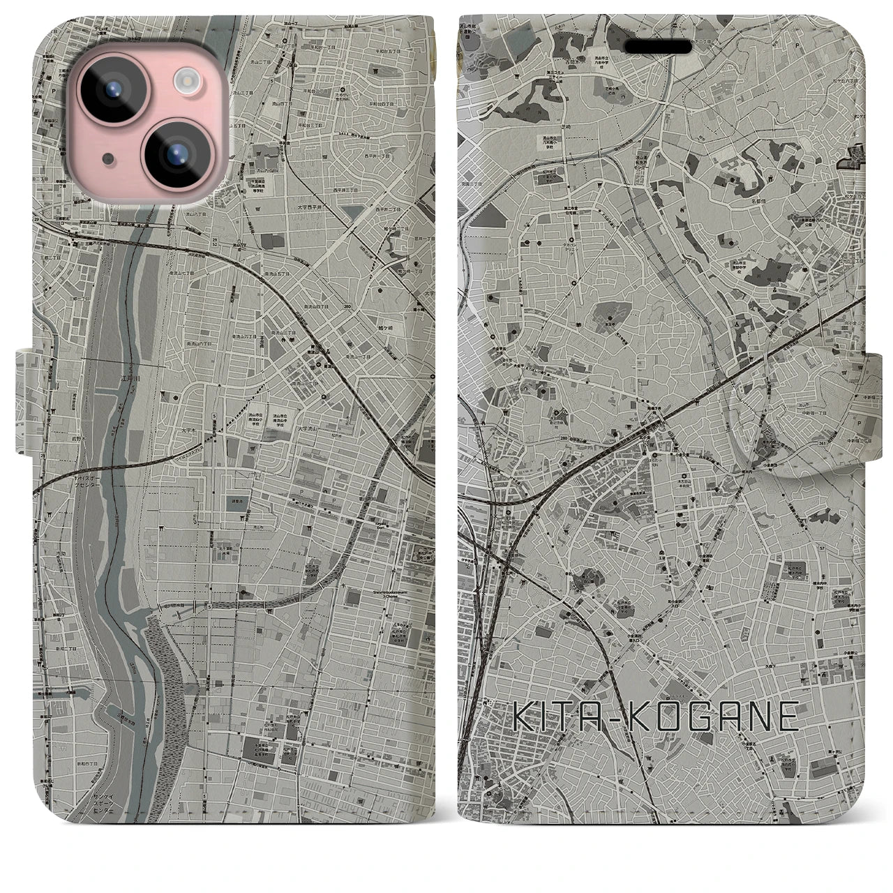 【北小金(千葉県)】地図柄iPhoneケース(手帳タイプ)モノトーン・iPhone 15 Plus 用