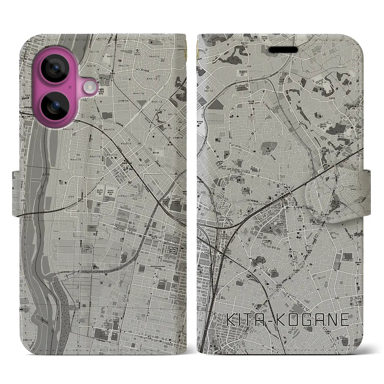 【北小金(千葉県)】地図柄iPhoneケース(手帳タイプ)モノトーン・iPhone 16 Pro 用