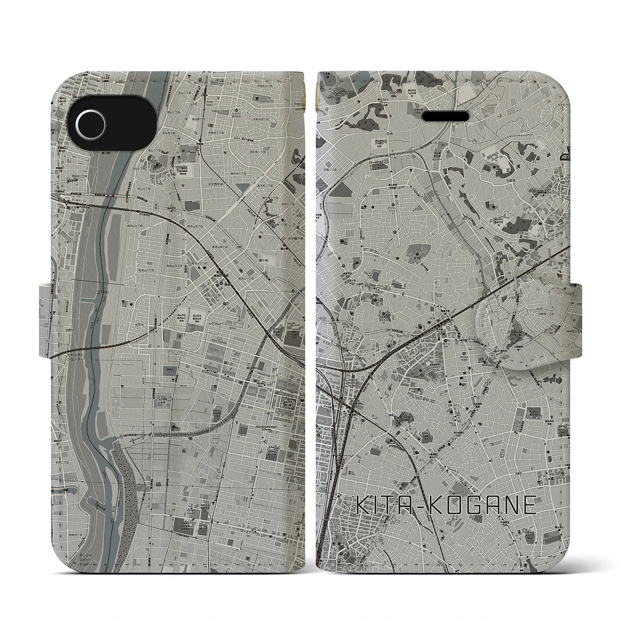 【北小金(千葉県)】地図柄iPhoneケース(手帳タイプ)モノトーン・iPhone SE(第3 / 第2世代) / 8 / 7 / 6s / 6 用