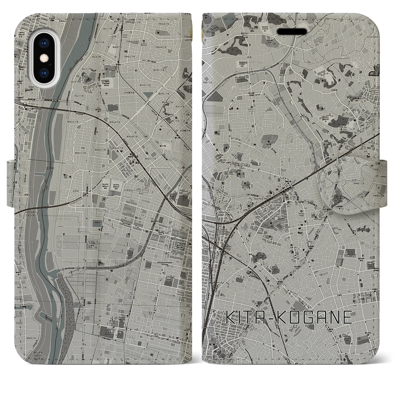 【北小金(千葉県)】地図柄iPhoneケース(手帳タイプ)モノトーン・iPhone XS Max 用