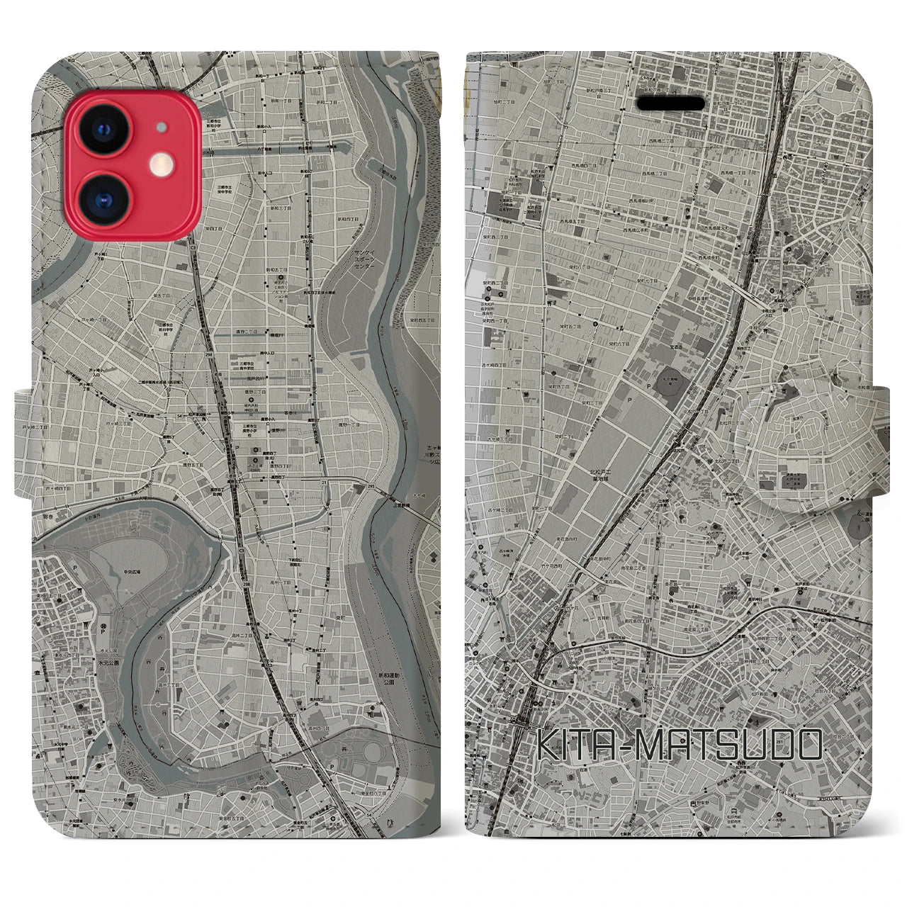 【北松戸(千葉県)】地図柄iPhoneケース(手帳タイプ)モノトーン・iPhone 11 用