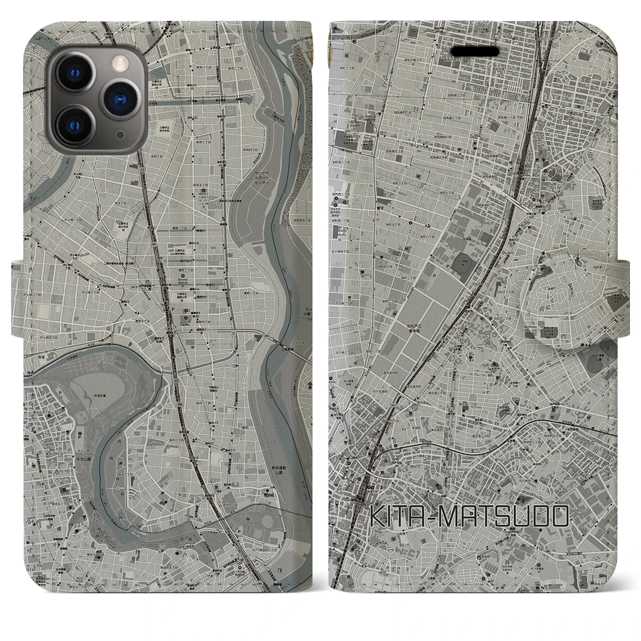 【北松戸(千葉県)】地図柄iPhoneケース(手帳タイプ)モノトーン・iPhone 11 Pro Max 用