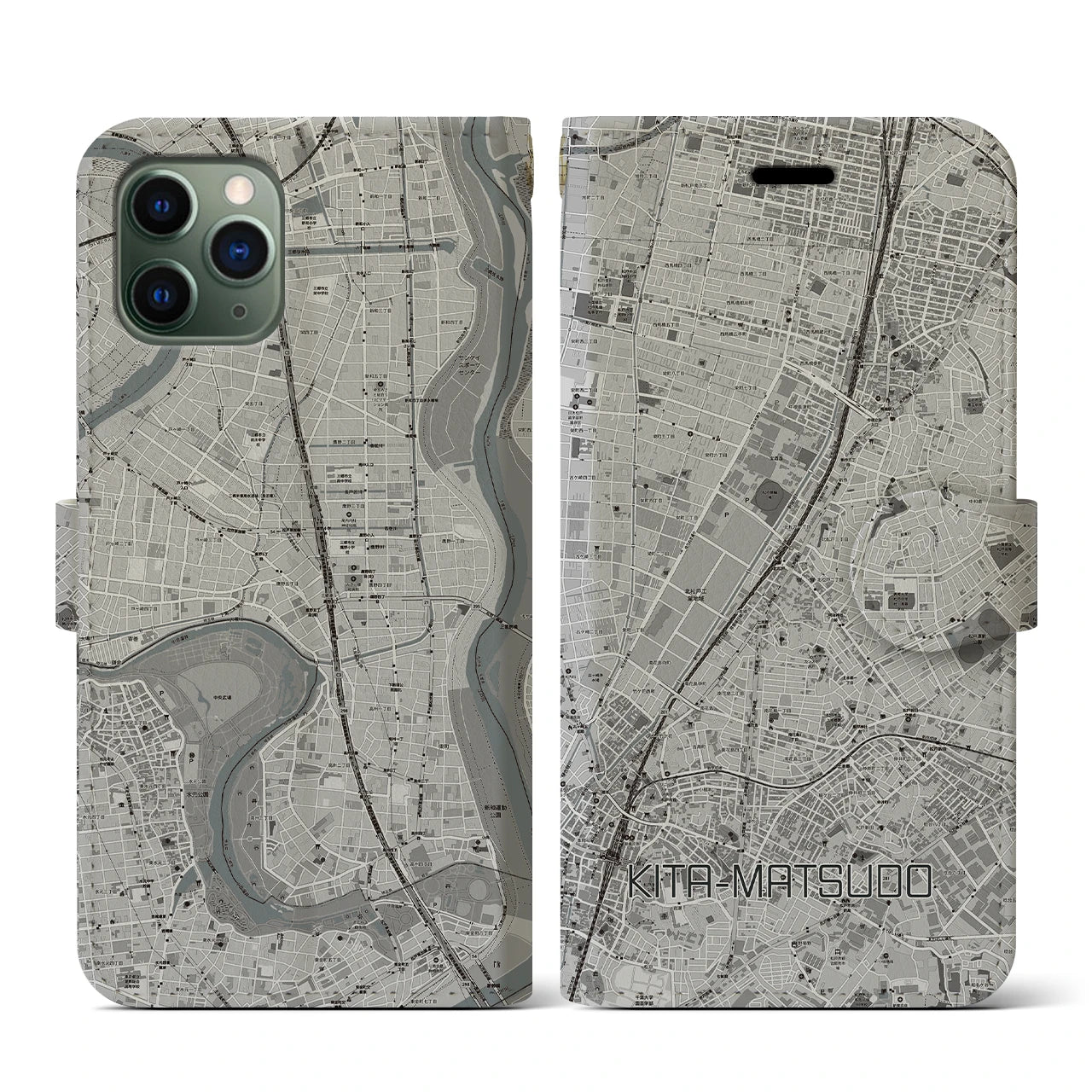 【北松戸(千葉県)】地図柄iPhoneケース(手帳タイプ)モノトーン・iPhone 11 Pro 用