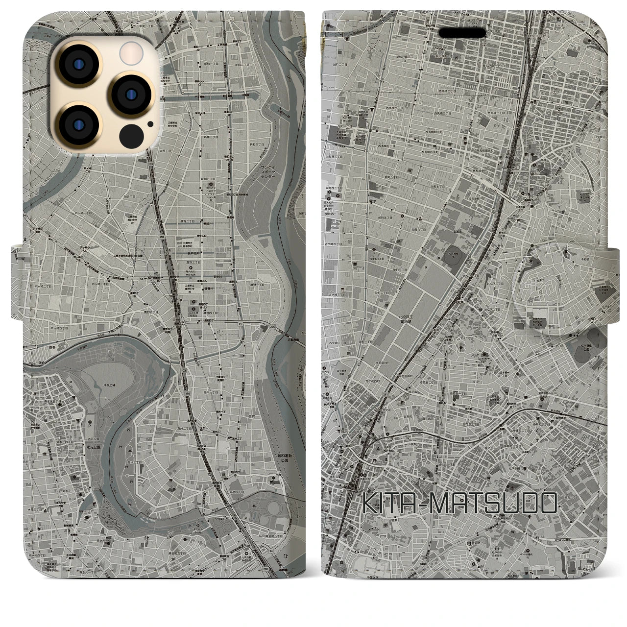 【北松戸(千葉県)】地図柄iPhoneケース(手帳タイプ)モノトーン・iPhone 12 Pro Max 用