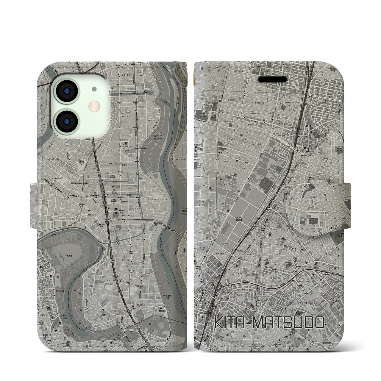 【北松戸(千葉県)】地図柄iPhoneケース(手帳タイプ)モノトーン・iPhone 12 mini 用
